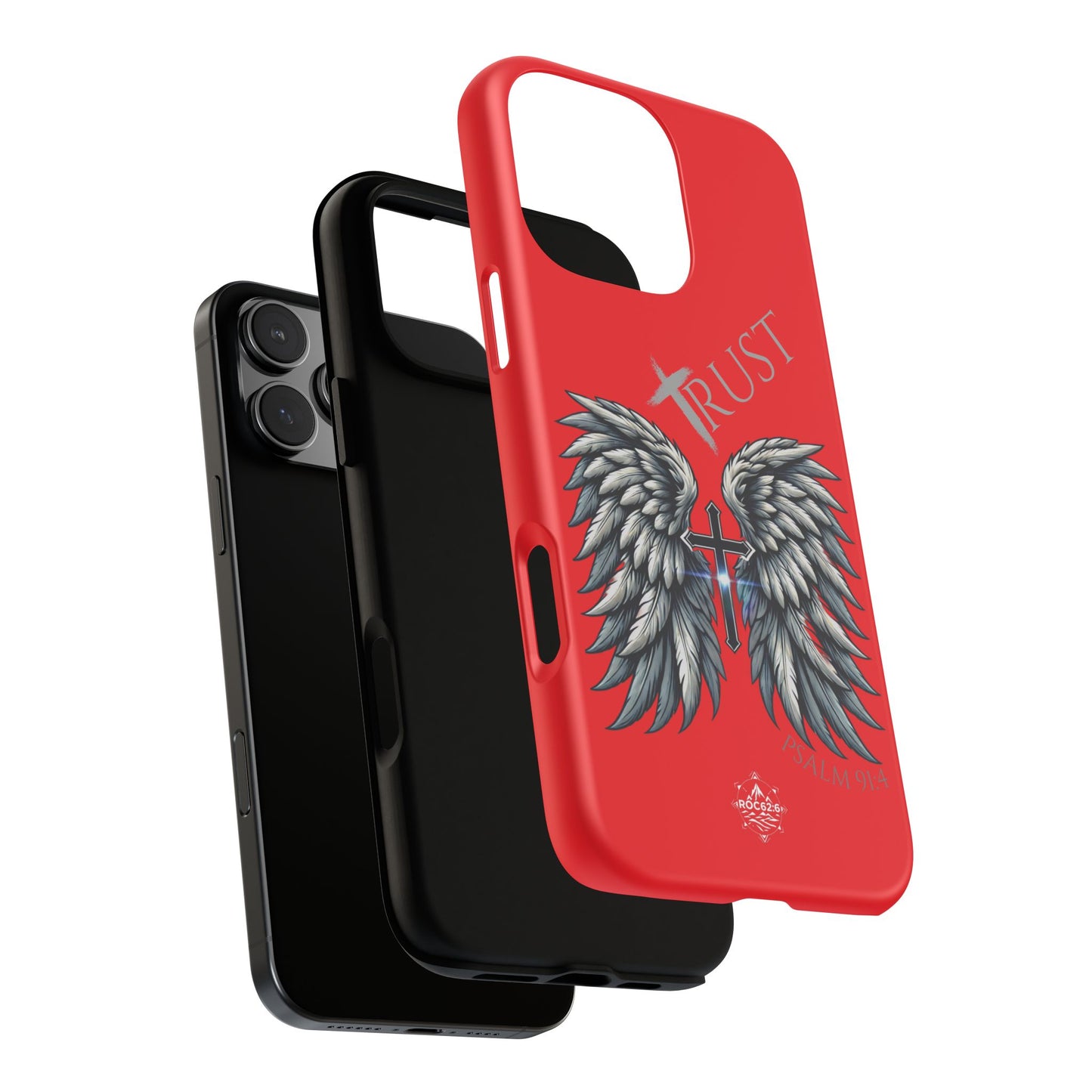 Wings Series Red Phone Case - Trust, Psalm 91:4 Design, Inspirational Gift, Christian Accessories, Spiritual Protection, Encouragement