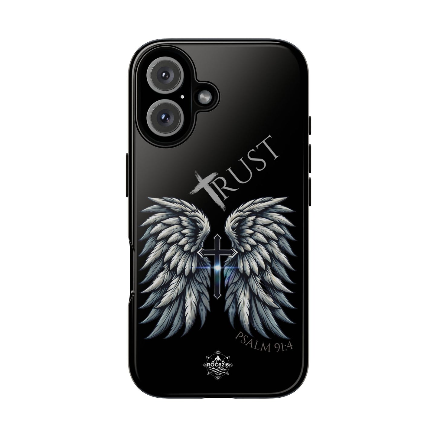 Wings Series Black Phone Case - Trust, Psalm 91:4 Design, Inspirational Gift, Christian Accessories, Spiritual Protection, Encouragement