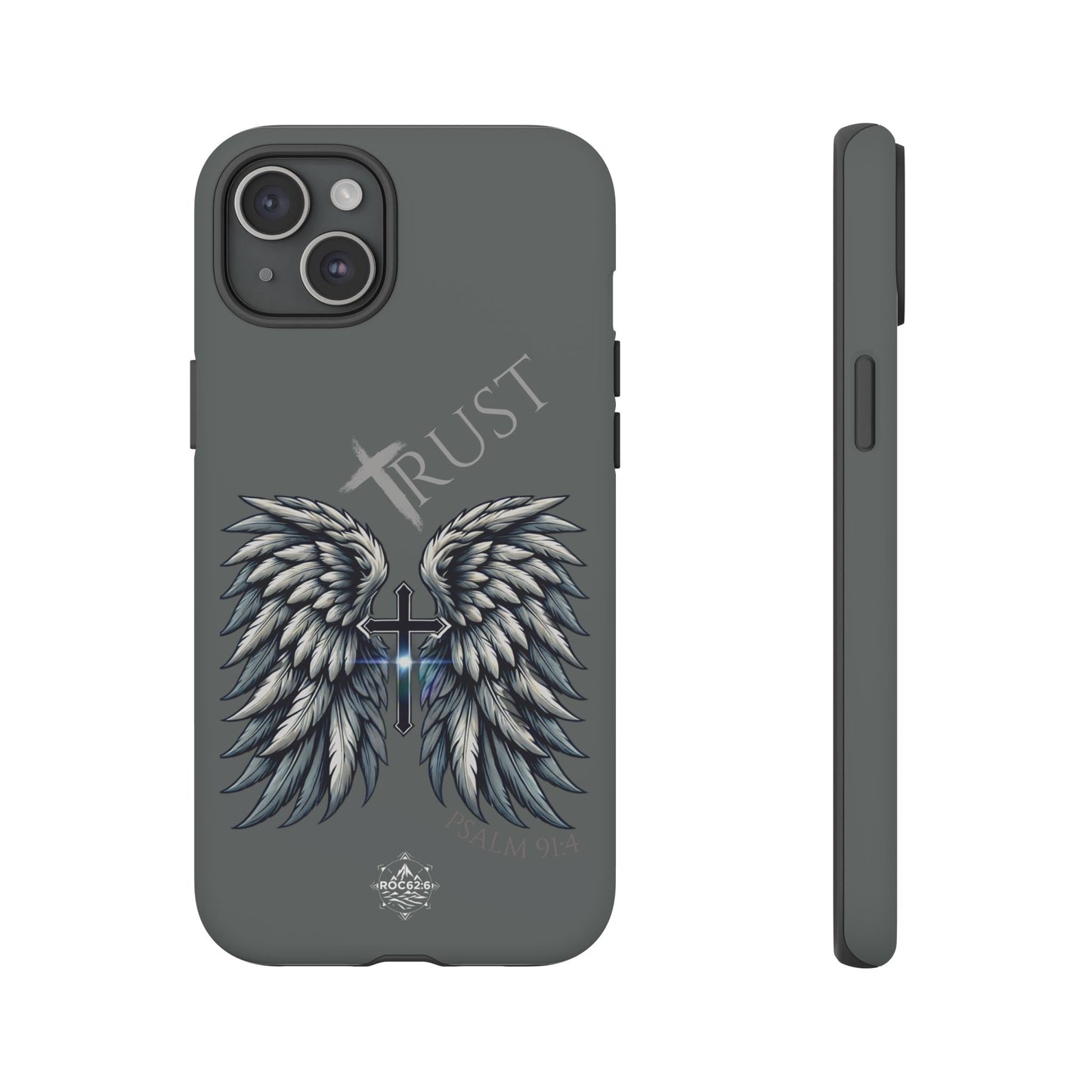 Wings Series Dark Grey Phone Case - Trust, Psalm 91:4 Design, Inspirational Gift, Christian Accessories, Spiritual Protection, Encouragement