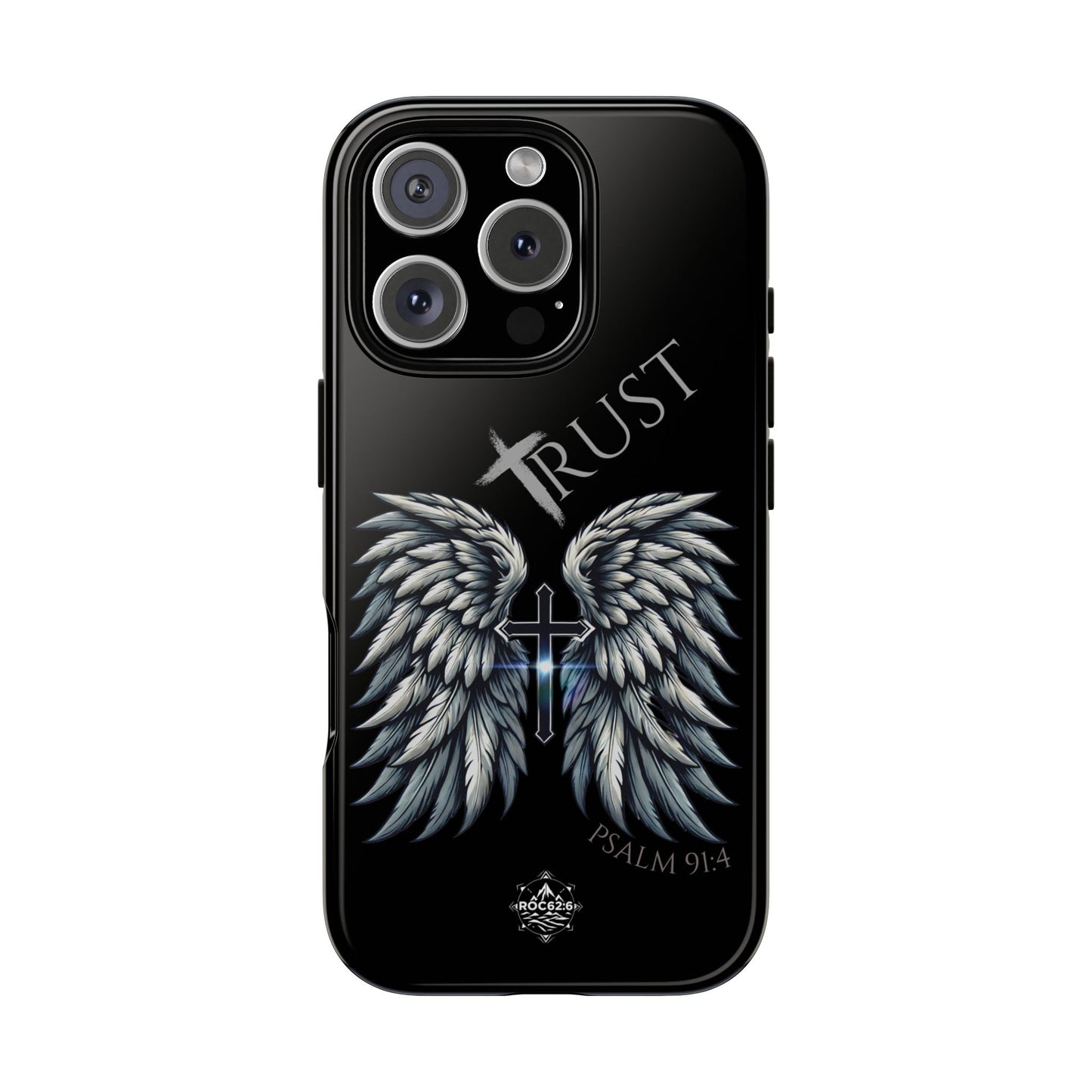Wings Series Black Phone Case - Trust, Psalm 91:4 Design, Inspirational Gift, Christian Accessories, Spiritual Protection, Encouragement