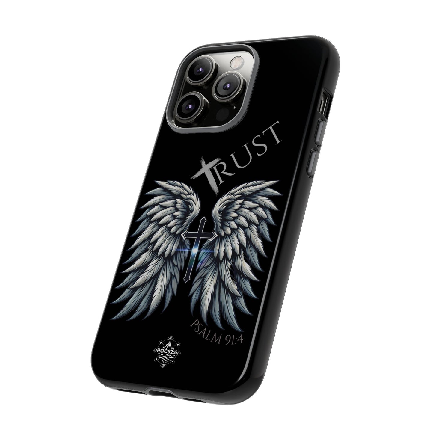 Wings Series Black Phone Case - Trust, Psalm 91:4 Design, Inspirational Gift, Christian Accessories, Spiritual Protection, Encouragement