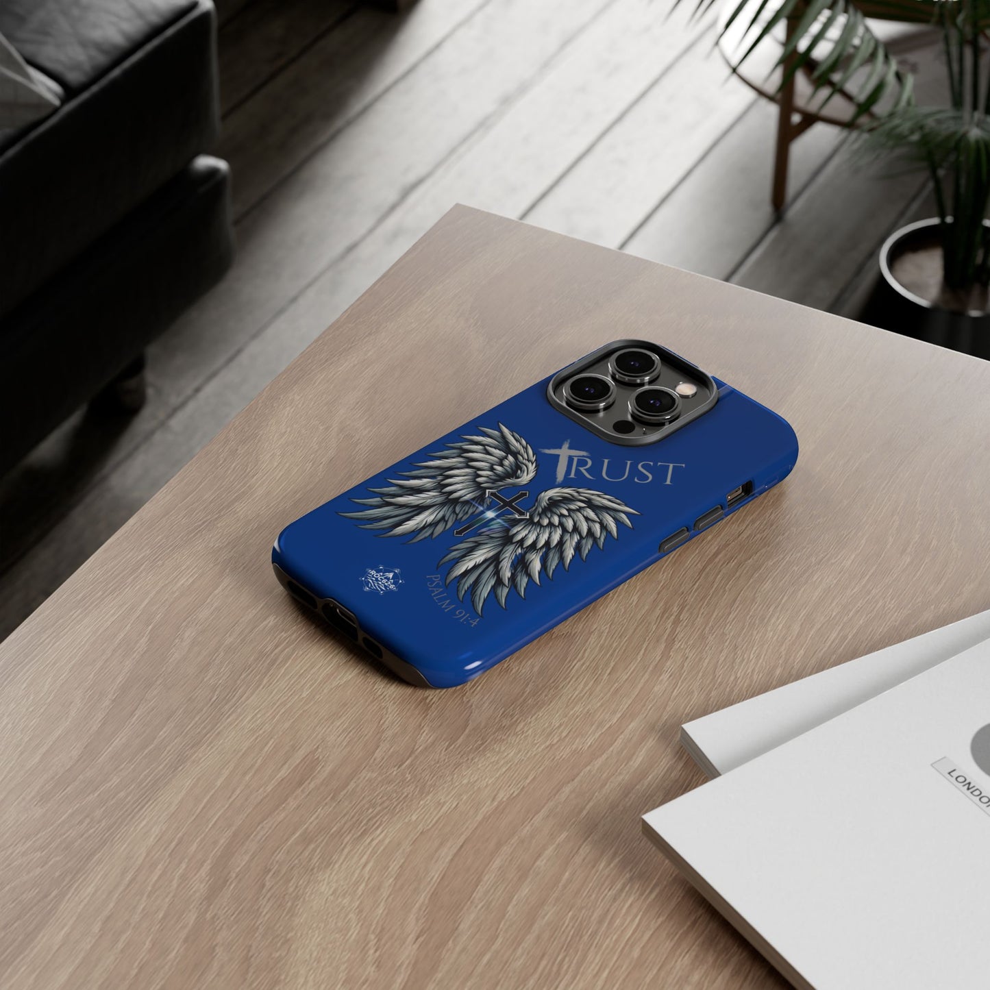 Wings Series Blue Phone Case - Trust, Psalm 91:4 Design, Inspirational Gift, Christian Accessories, Spiritual Protection, Encouragement