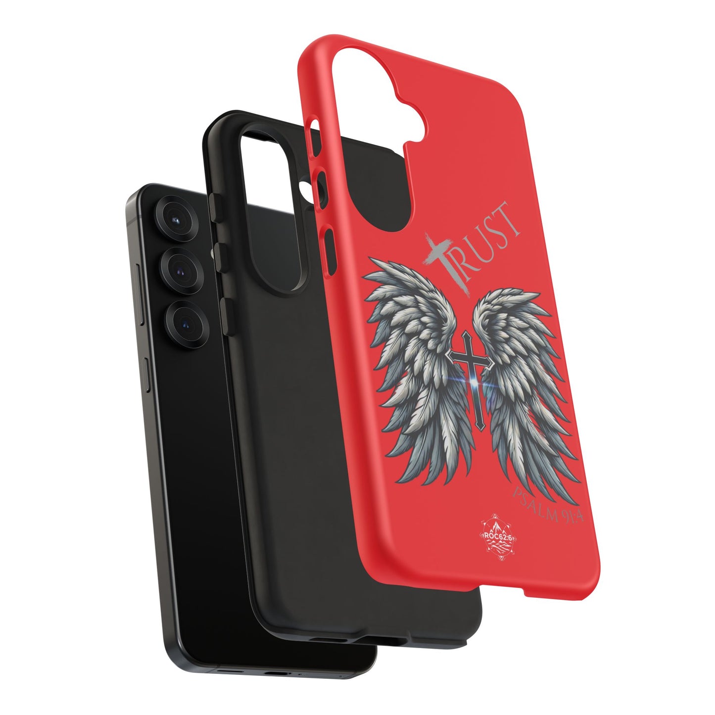 Wings Series Red Phone Case - Trust, Psalm 91:4 Design, Inspirational Gift, Christian Accessories, Spiritual Protection, Encouragement