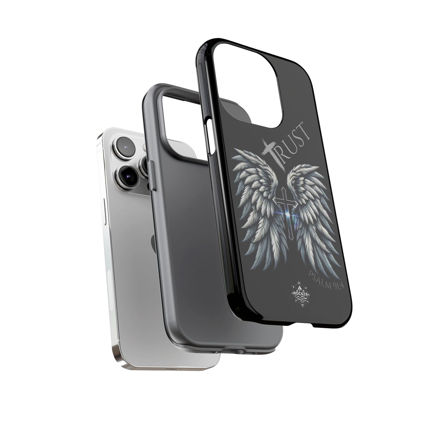Wings Series Black Phone Case - Trust, Psalm 91:4 Design, Inspirational Gift, Christian Accessories, Spiritual Protection, Encouragement
