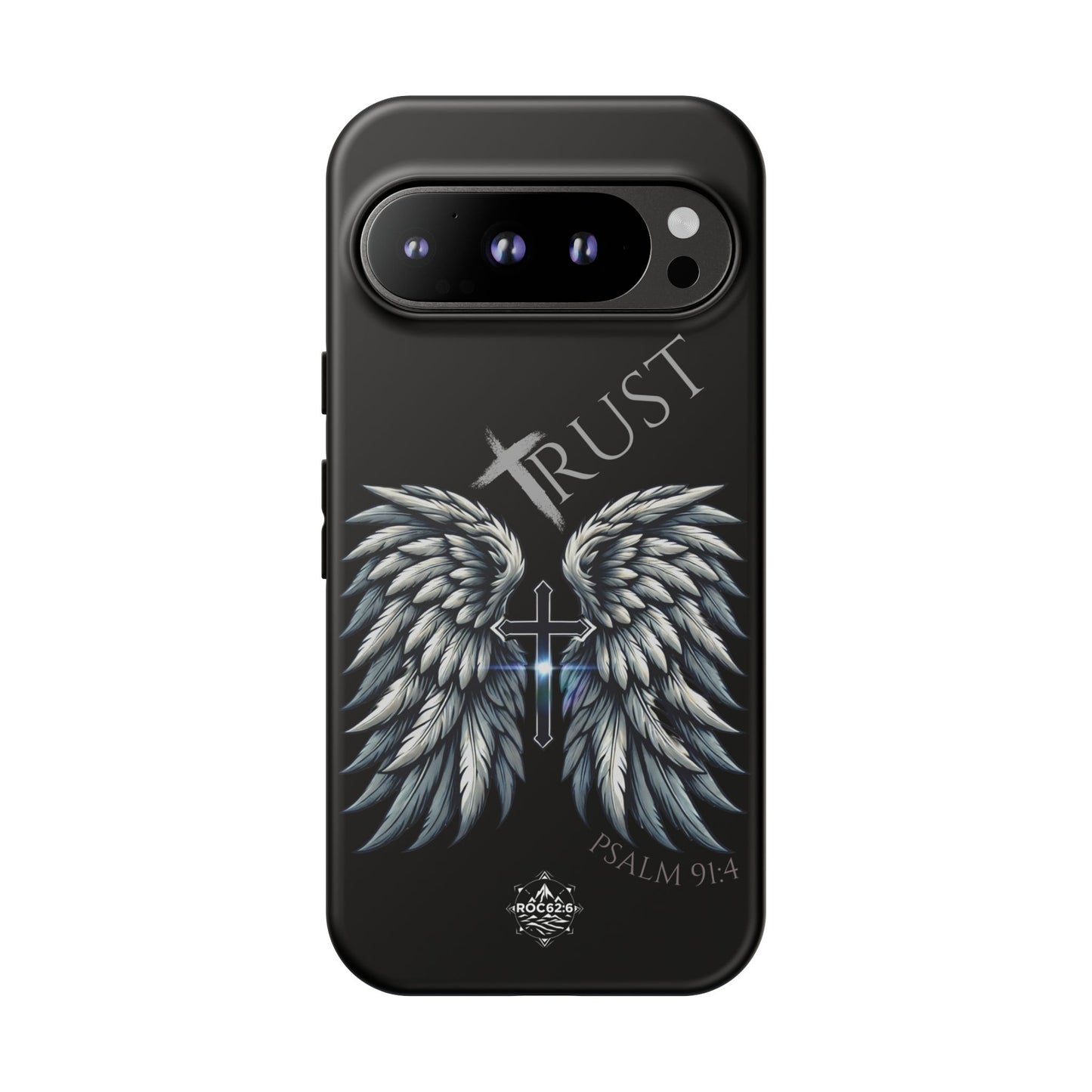 Wings Series Black Phone Case - Trust, Psalm 91:4 Design, Inspirational Gift, Christian Accessories, Spiritual Protection, Encouragement