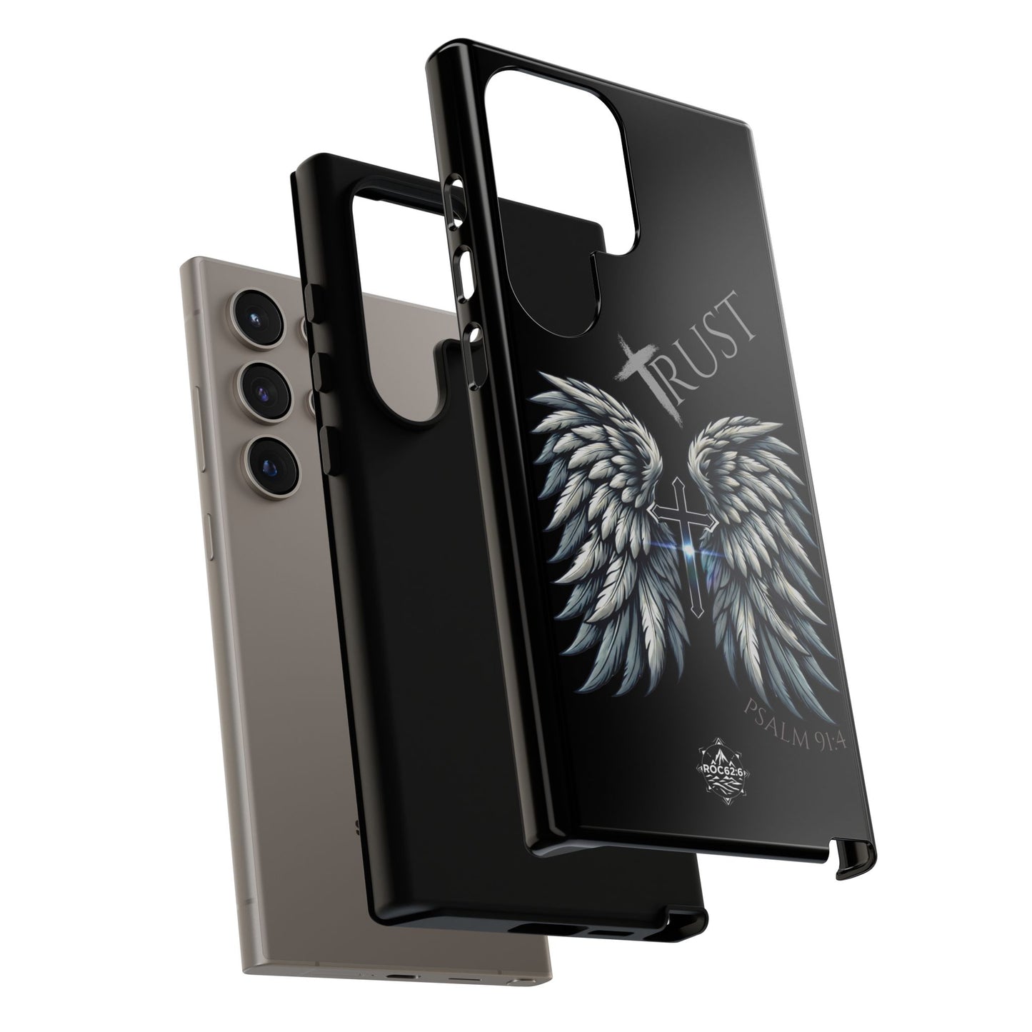 Wings Series Black Phone Case - Trust, Psalm 91:4 Design, Inspirational Gift, Christian Accessories, Spiritual Protection, Encouragement