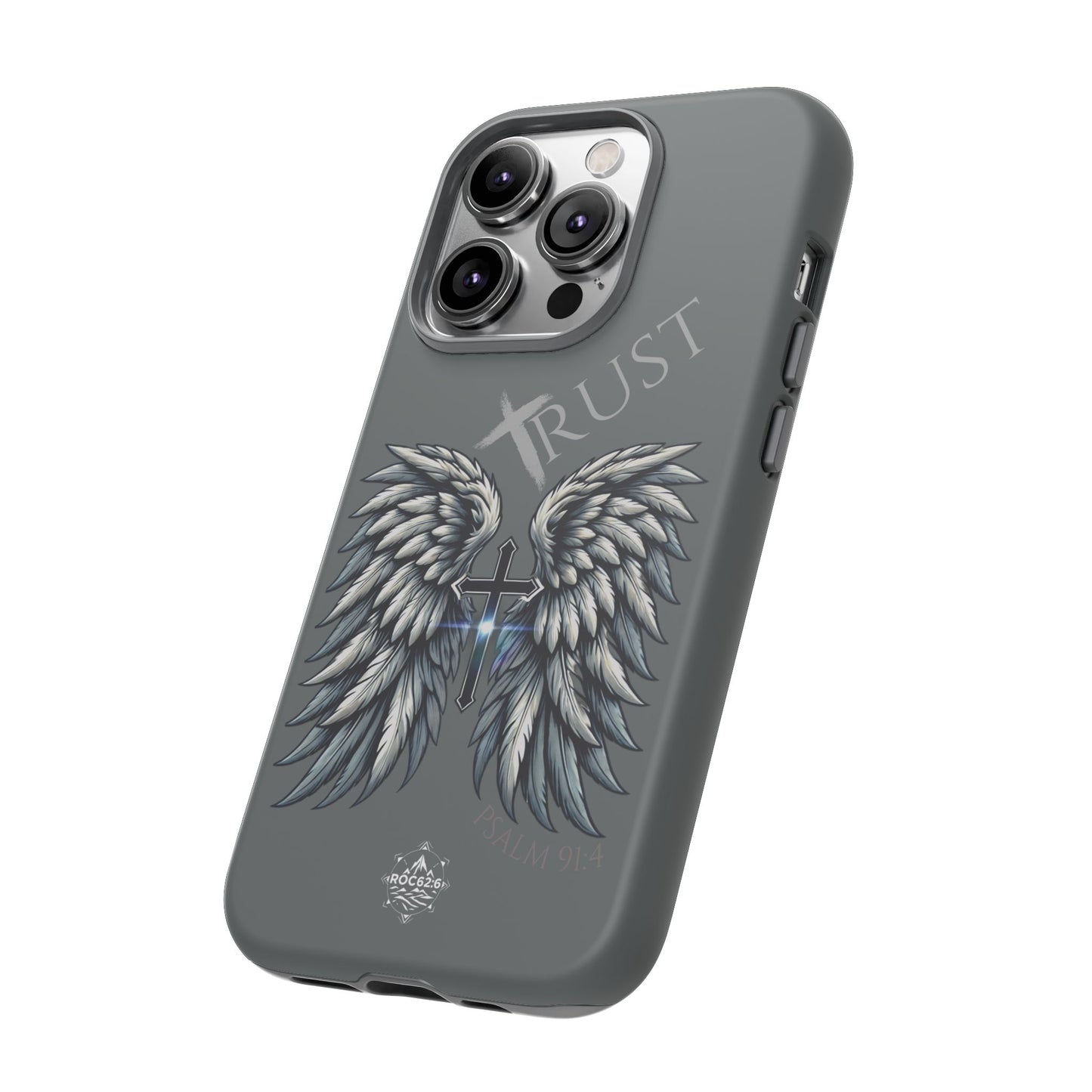 Wings Series Dark Grey Phone Case - Trust, Psalm 91:4 Design, Inspirational Gift, Christian Accessories, Spiritual Protection, Encouragement