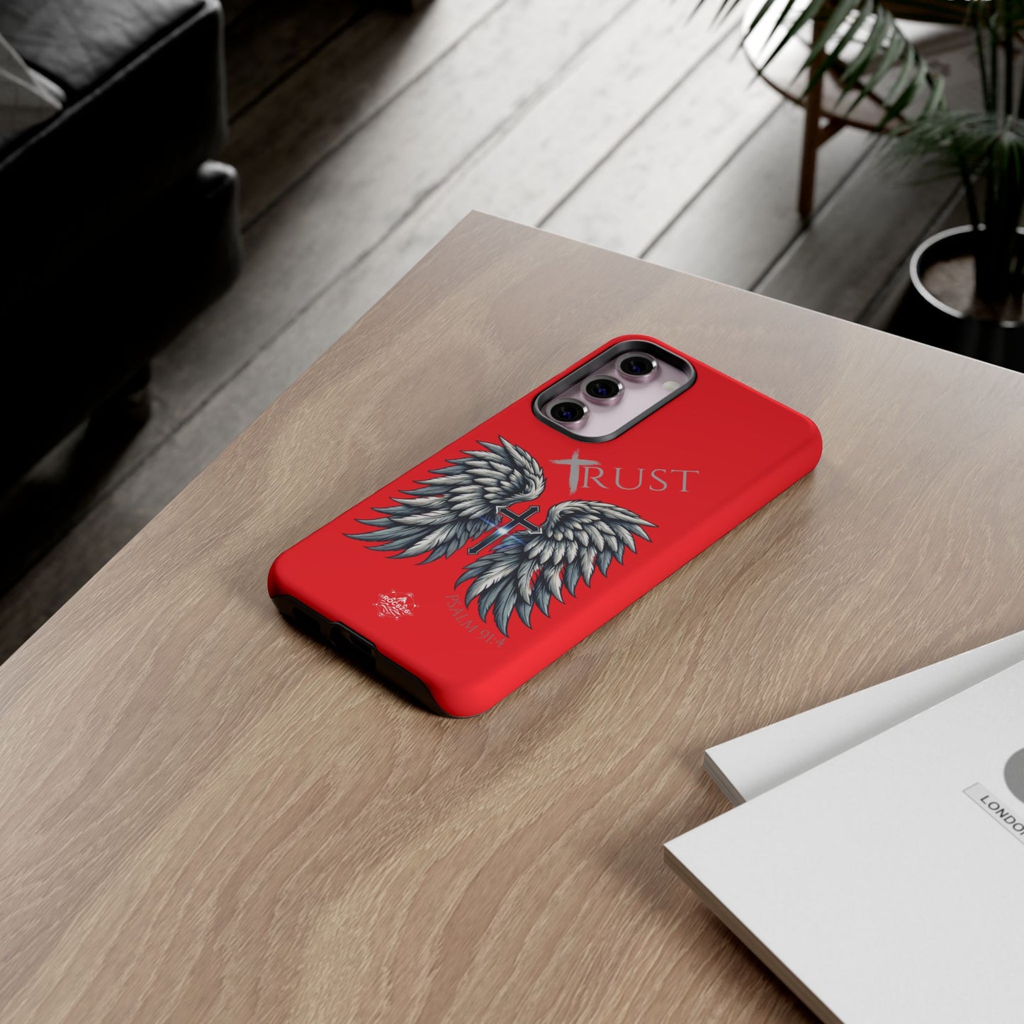 Wings Series Red Phone Case - Trust, Psalm 91:4 Design, Inspirational Gift, Christian Accessories, Spiritual Protection, Encouragement