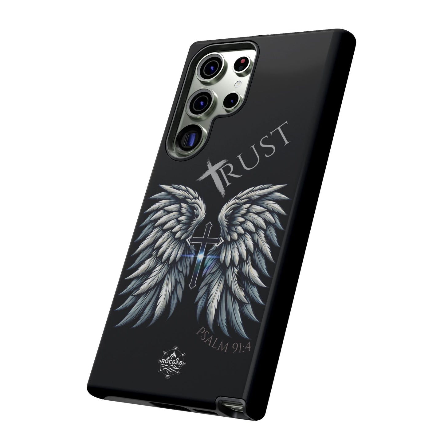 Wings Series Black Phone Case - Trust, Psalm 91:4 Design, Inspirational Gift, Christian Accessories, Spiritual Protection, Encouragement