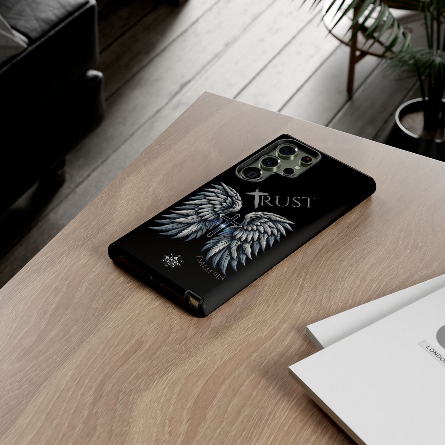Wings Series Black Phone Case - Trust, Psalm 91:4 Design, Inspirational Gift, Christian Accessories, Spiritual Protection, Encouragement