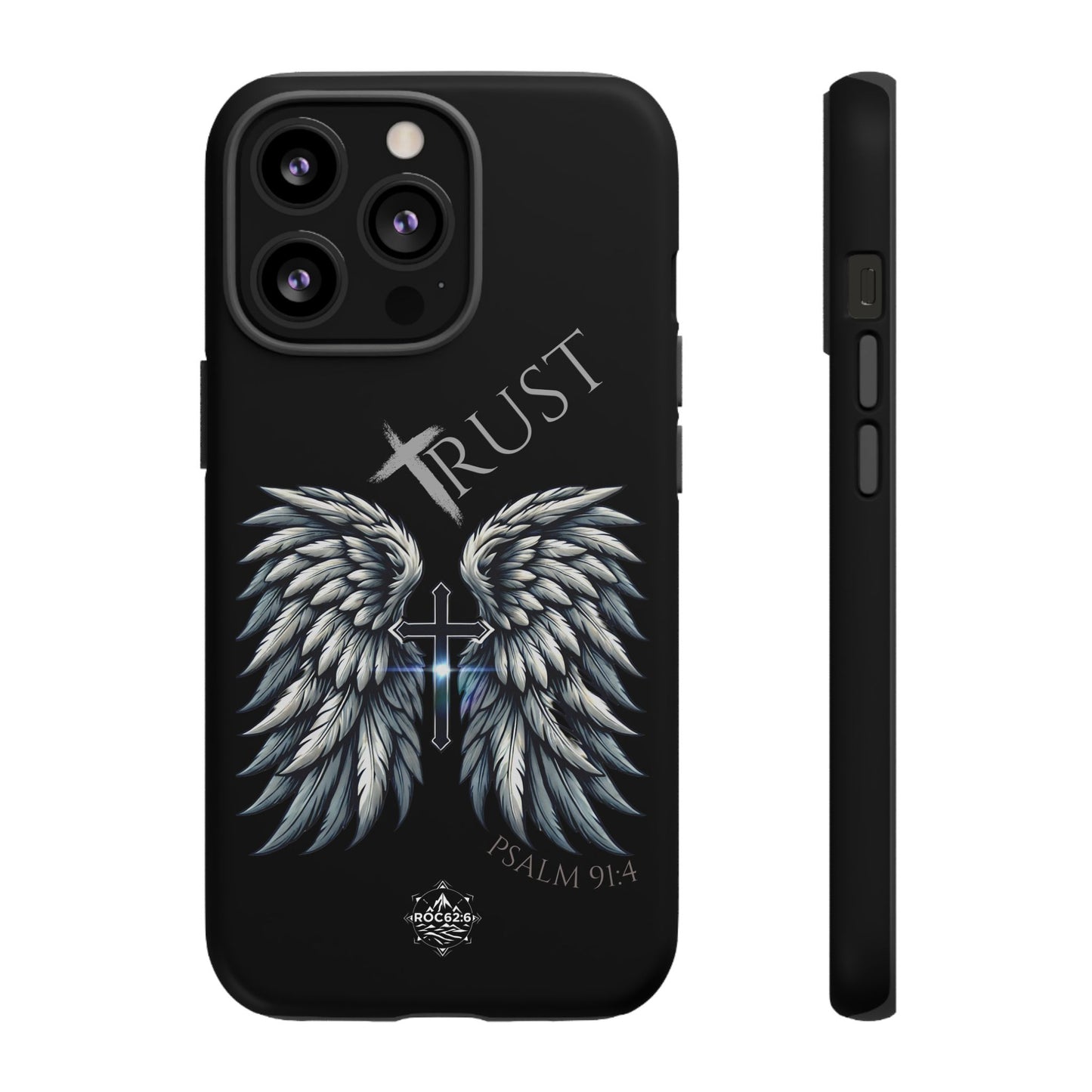 Wings Series Black Phone Case - Trust, Psalm 91:4 Design, Inspirational Gift, Christian Accessories, Spiritual Protection, Encouragement