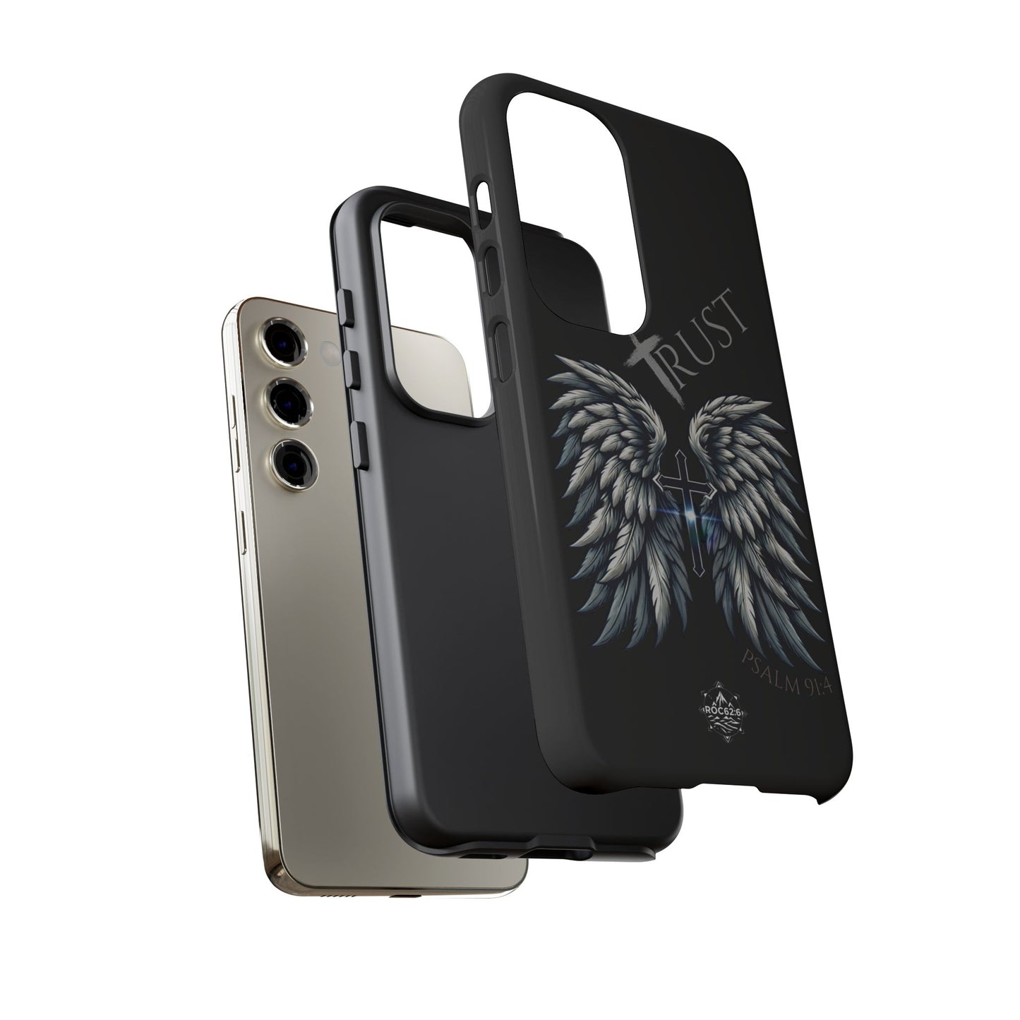 Wings Series Black Phone Case - Trust, Psalm 91:4 Design, Inspirational Gift, Christian Accessories, Spiritual Protection, Encouragement