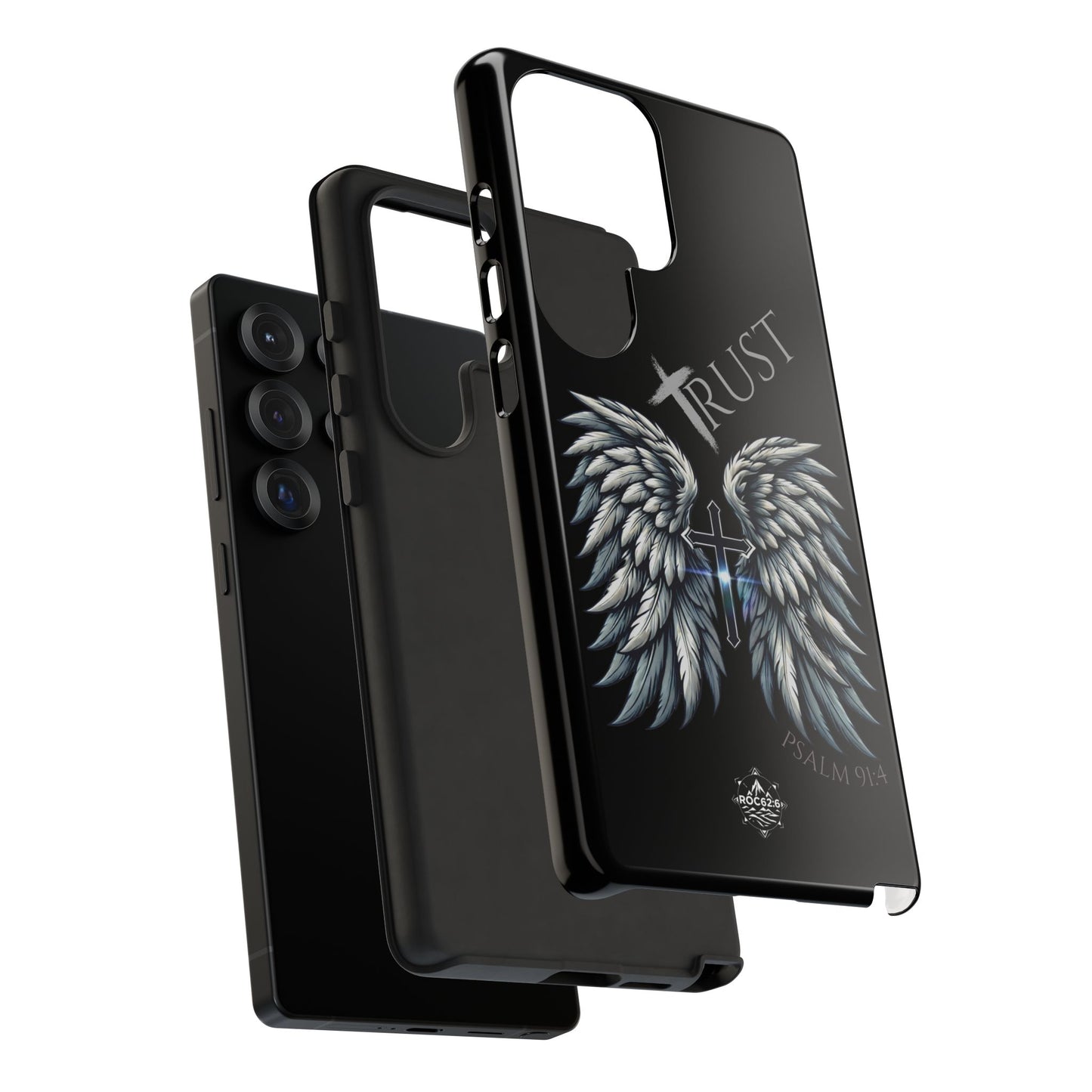 Wings Series Black Phone Case - Trust, Psalm 91:4 Design, Inspirational Gift, Christian Accessories, Spiritual Protection, Encouragement