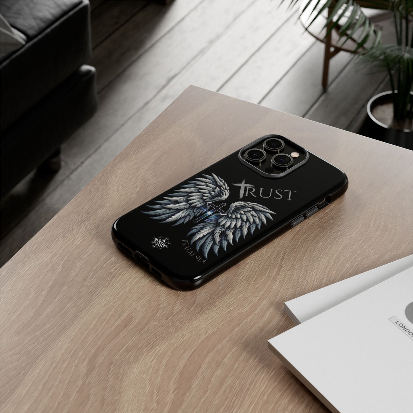 Wings Series Black Phone Case - Trust, Psalm 91:4 Design, Inspirational Gift, Christian Accessories, Spiritual Protection, Encouragement
