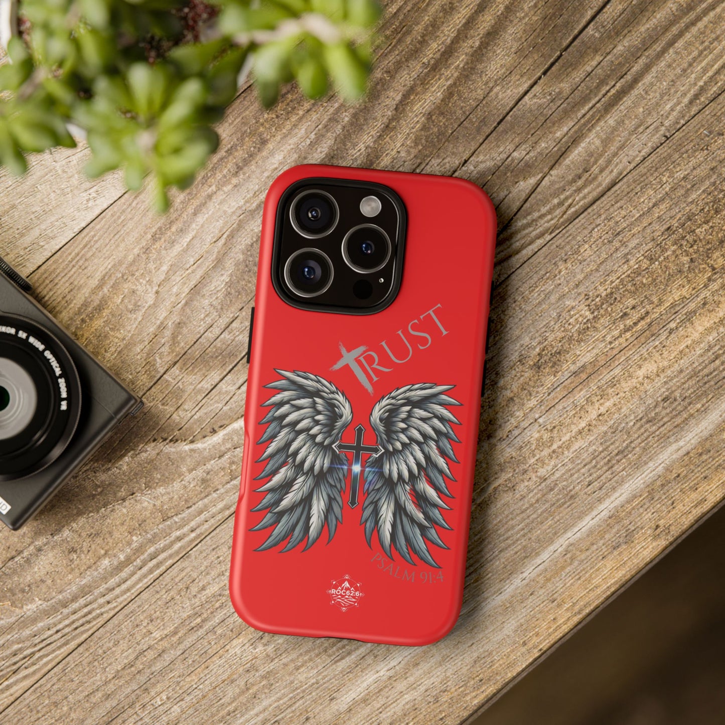 Wings Series Red Phone Case - Trust, Psalm 91:4 Design, Inspirational Gift, Christian Accessories, Spiritual Protection, Encouragement