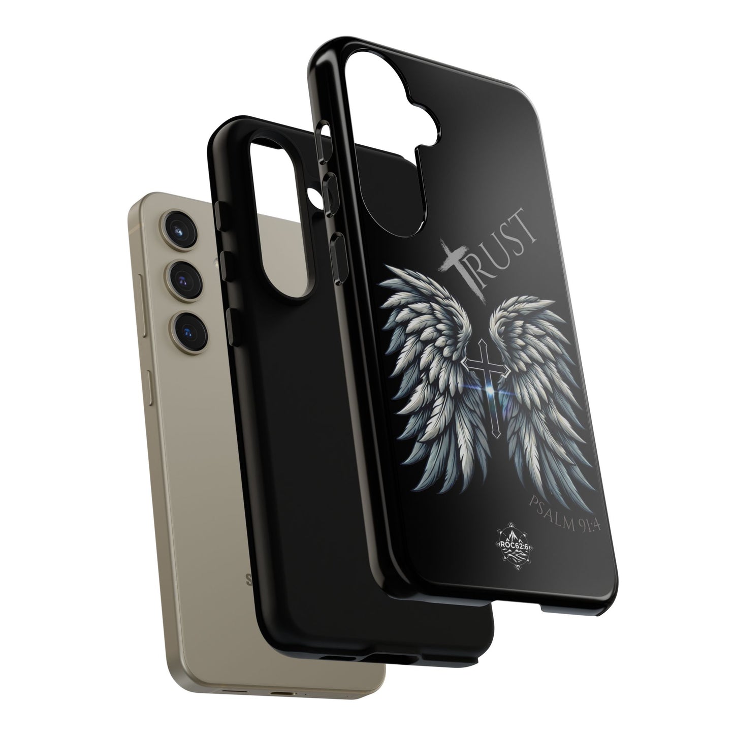 Wings Series Black Phone Case - Trust, Psalm 91:4 Design, Inspirational Gift, Christian Accessories, Spiritual Protection, Encouragement