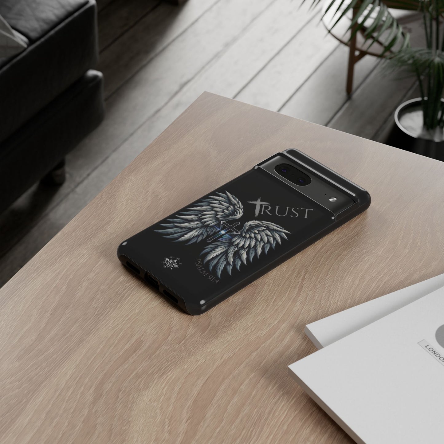 Wings Series Black Phone Case - Trust, Psalm 91:4 Design, Inspirational Gift, Christian Accessories, Spiritual Protection, Encouragement