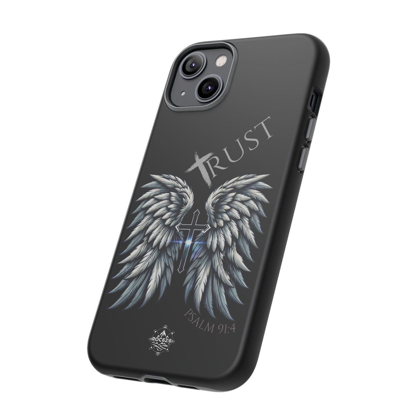Wings Series Black Phone Case - Trust, Psalm 91:4 Design, Inspirational Gift, Christian Accessories, Spiritual Protection, Encouragement