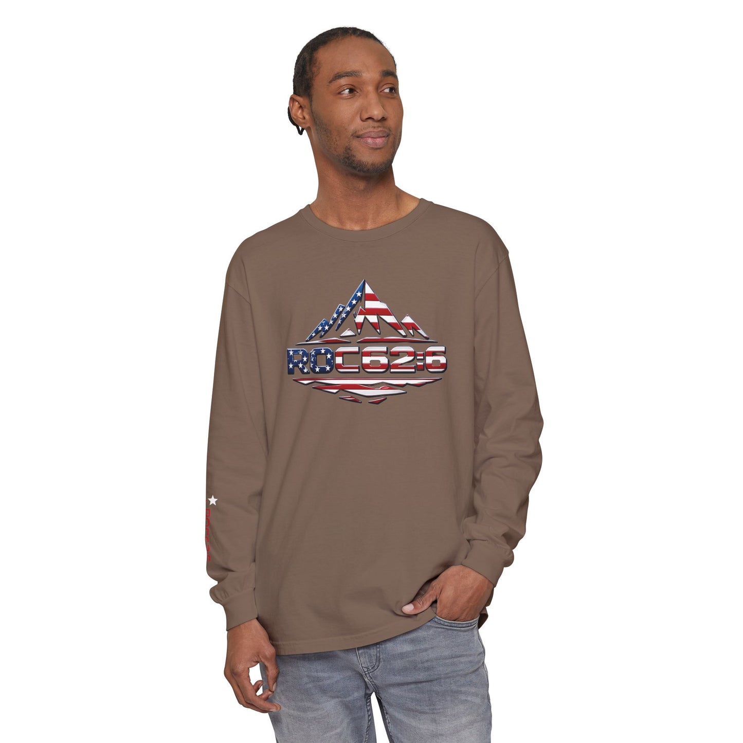American Flag Mountain ROC626 Long Sleeve Shirt | Patriotic Outdoor Tee