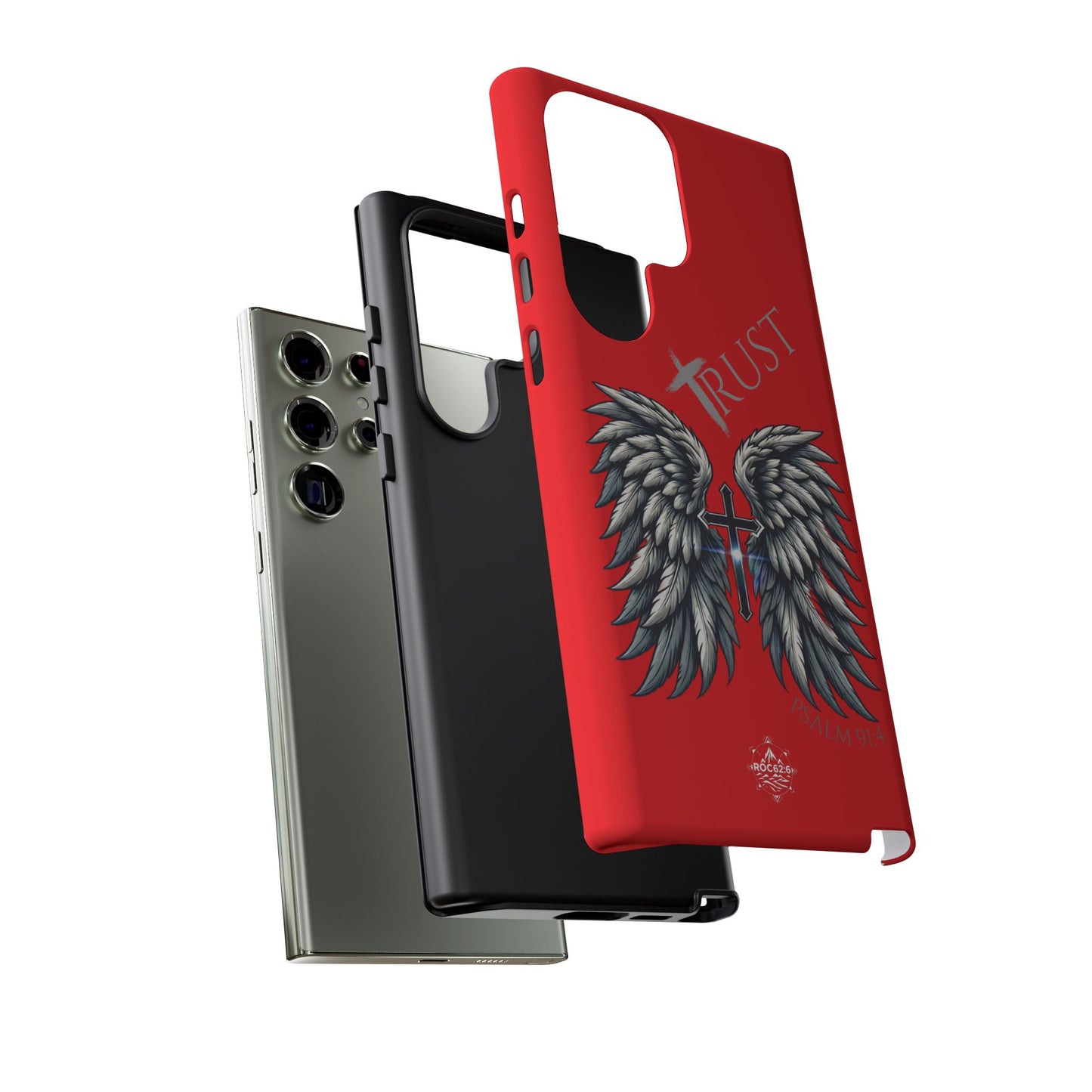 Wings Series Red Phone Case - Trust, Psalm 91:4 Design, Inspirational Gift, Christian Accessories, Spiritual Protection, Encouragement