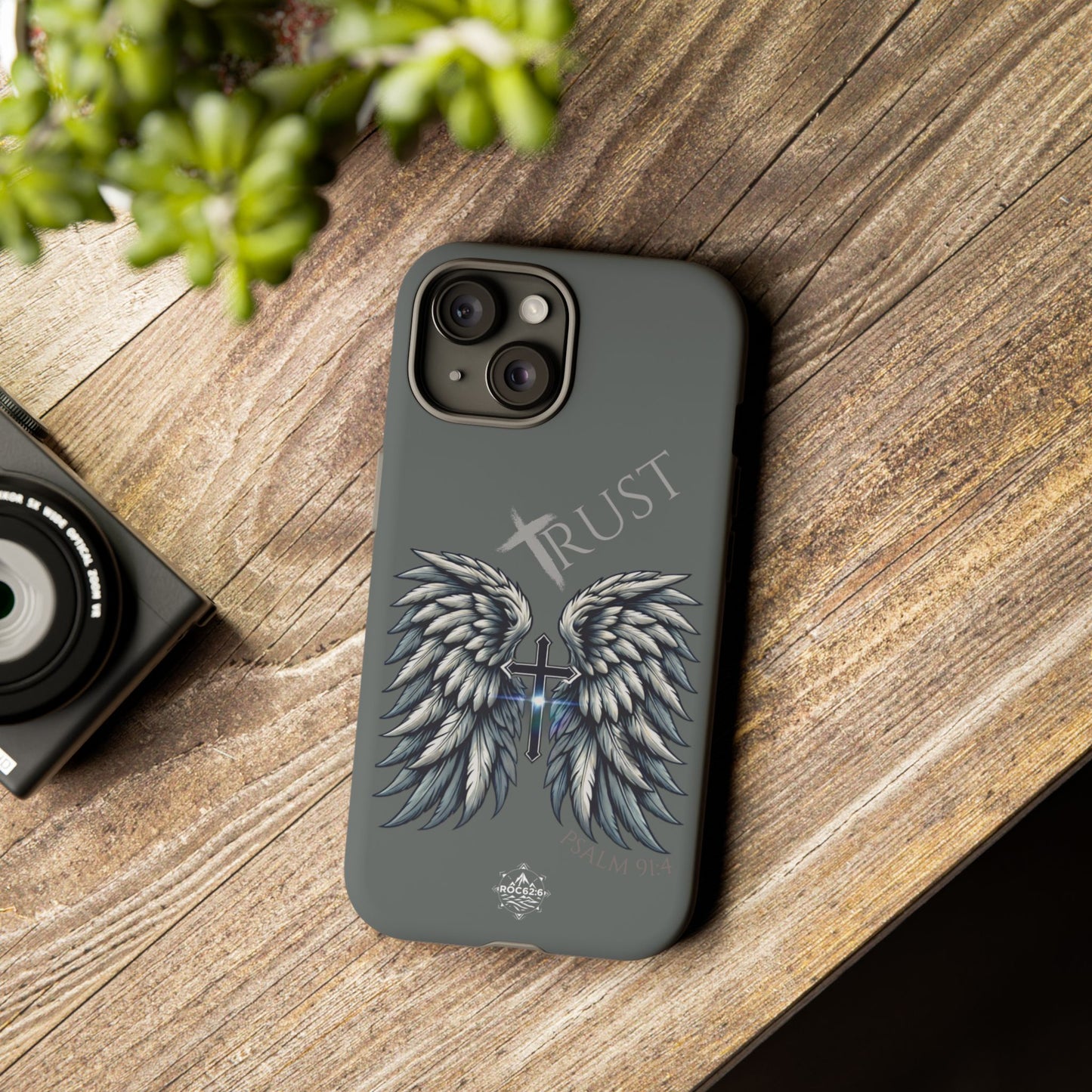 Wings Series Dark Grey Phone Case - Trust, Psalm 91:4 Design, Inspirational Gift, Christian Accessories, Spiritual Protection, Encouragement