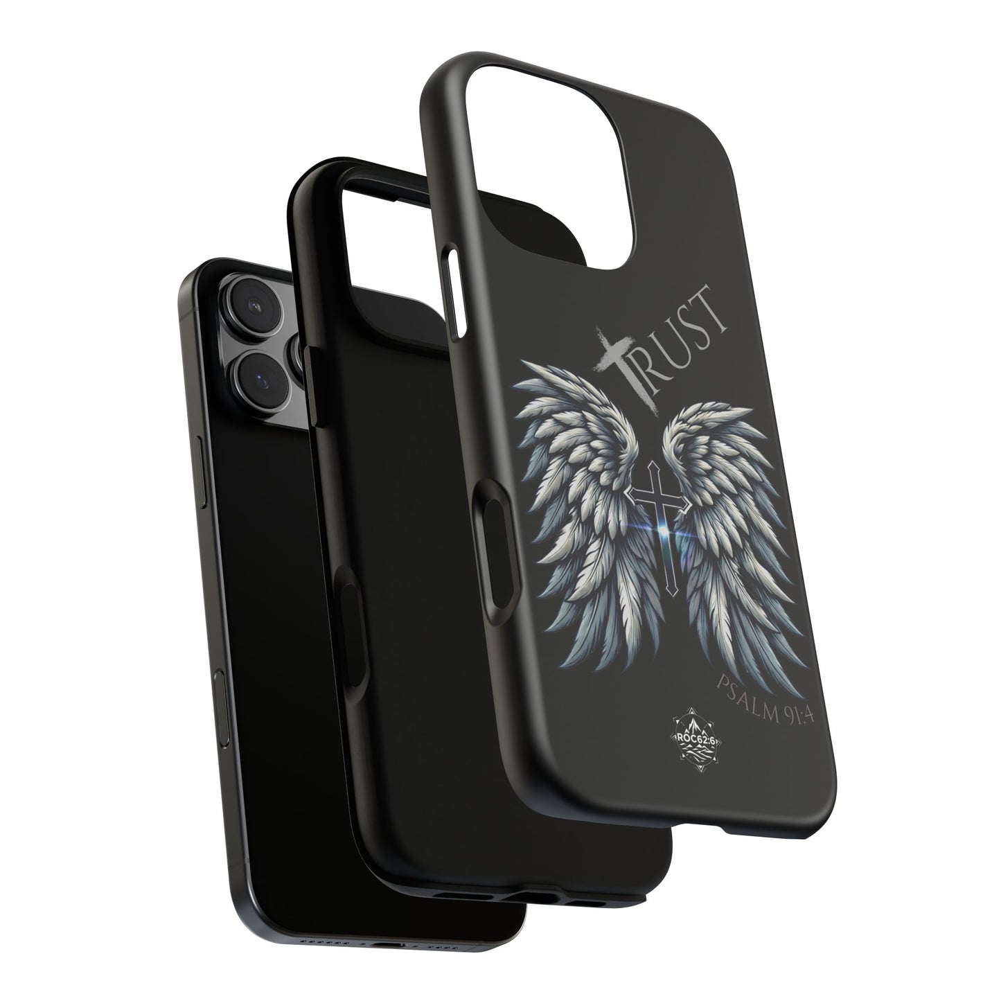 Wings Series Black Phone Case - Trust, Psalm 91:4 Design, Inspirational Gift, Christian Accessories, Spiritual Protection, Encouragement