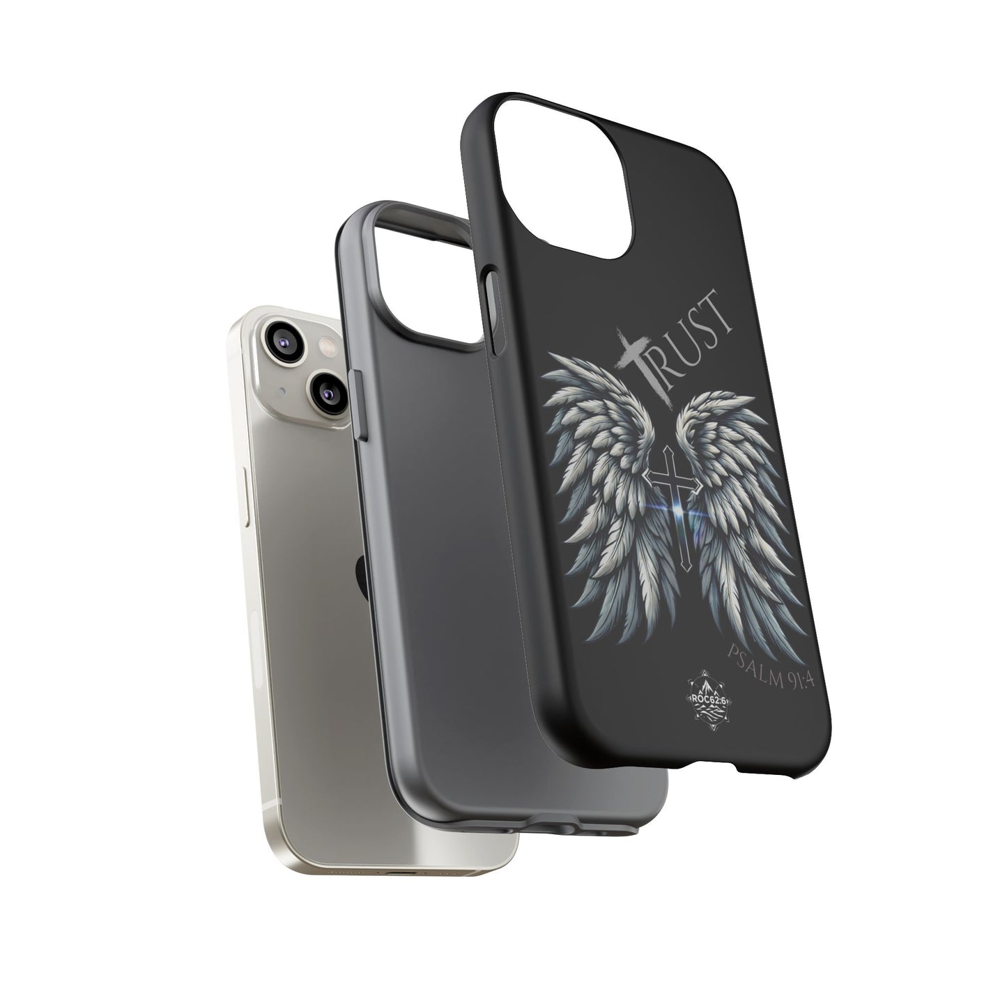 Wings Series Black Phone Case - Trust, Psalm 91:4 Design, Inspirational Gift, Christian Accessories, Spiritual Protection, Encouragement