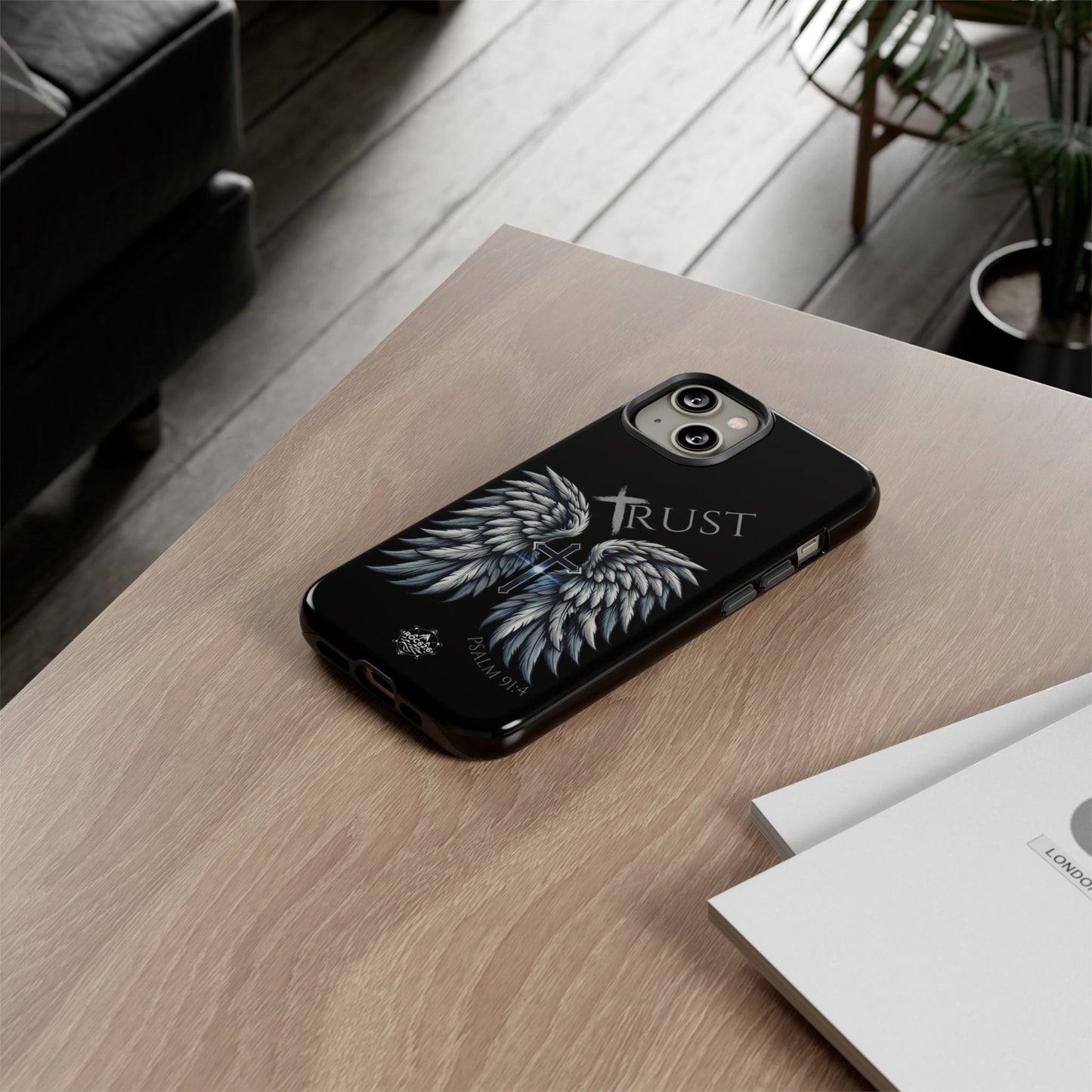 Wings Series Black Phone Case - Trust, Psalm 91:4 Design, Inspirational Gift, Christian Accessories, Spiritual Protection, Encouragement