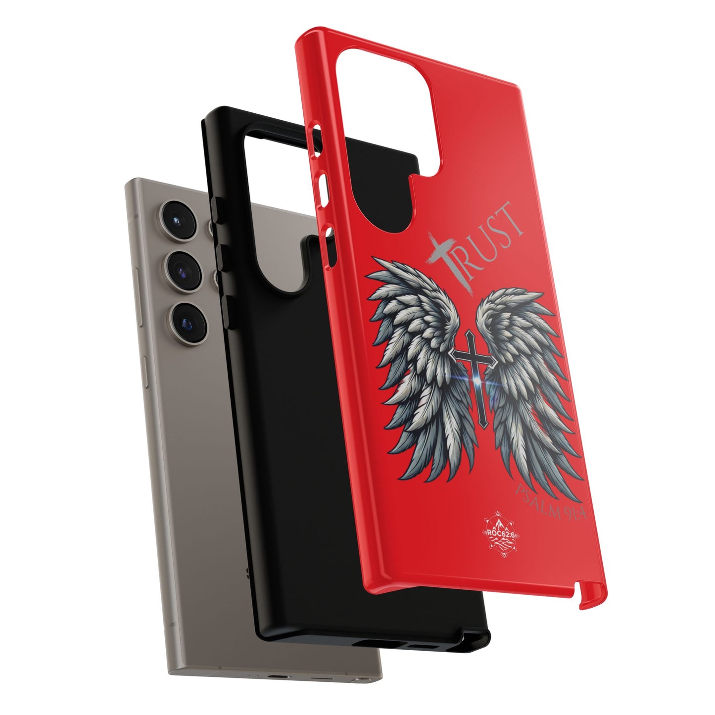 Wings Series Red Phone Case - Trust, Psalm 91:4 Design, Inspirational Gift, Christian Accessories, Spiritual Protection, Encouragement