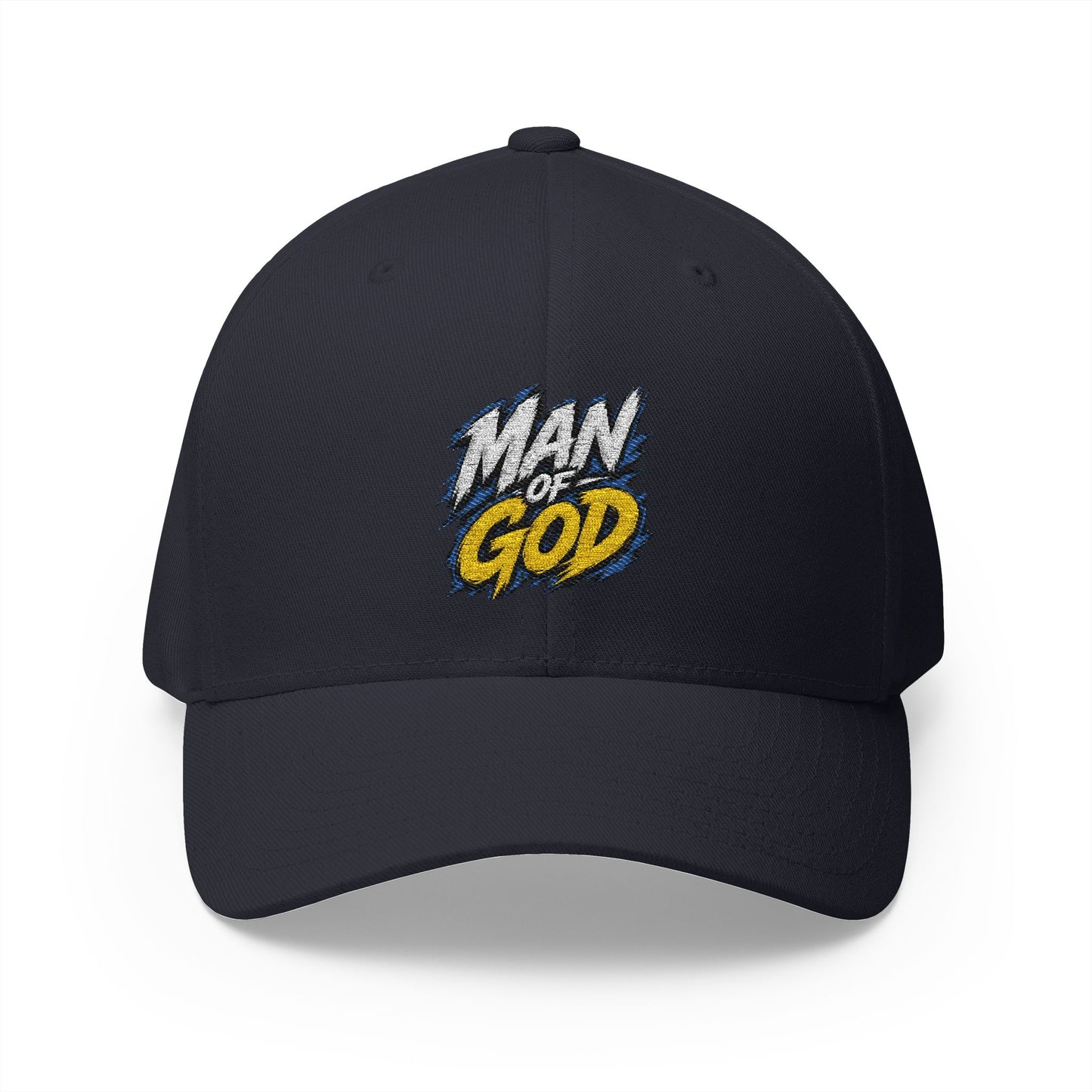 Man of God Embroidered FlexFit Baseball Cap — Faith Graphic Hat with American Flag Back Detail, Joshua 1:9
