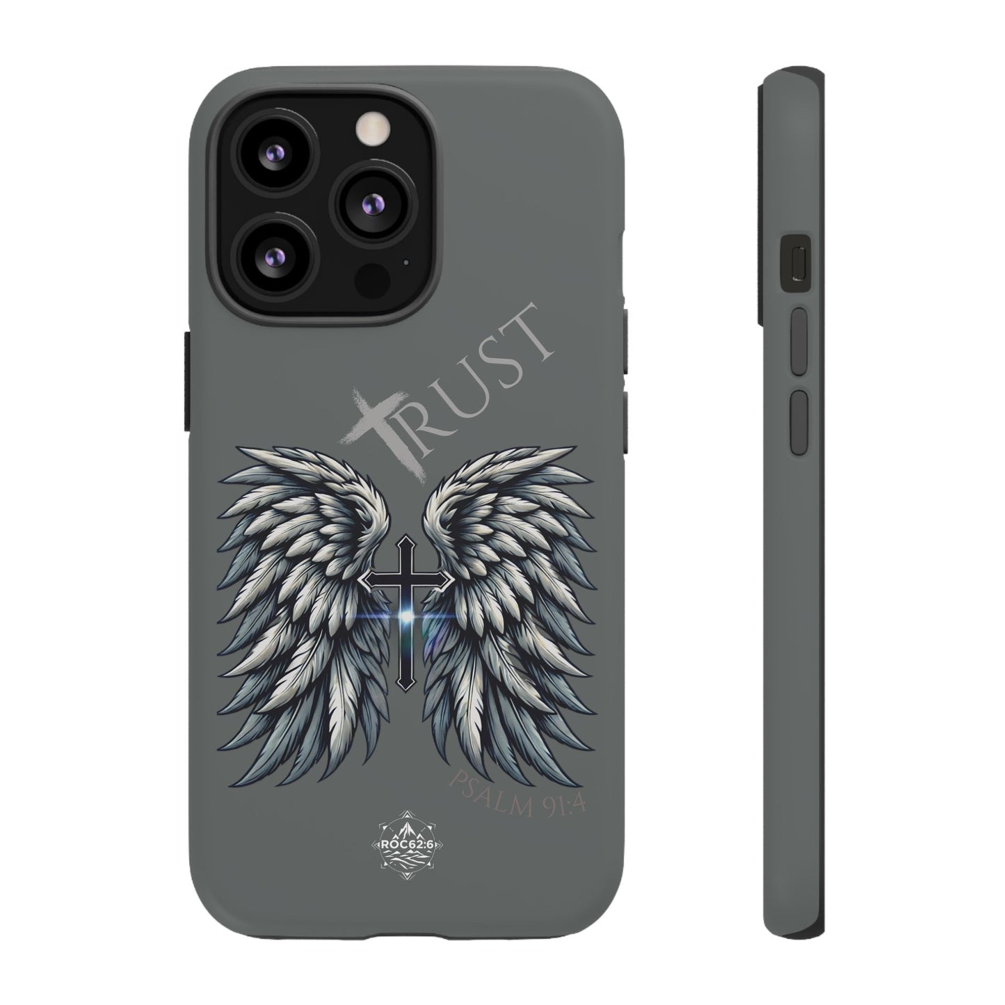 Wings Series Dark Grey Phone Case - Trust, Psalm 91:4 Design, Inspirational Gift, Christian Accessories, Spiritual Protection, Encouragement