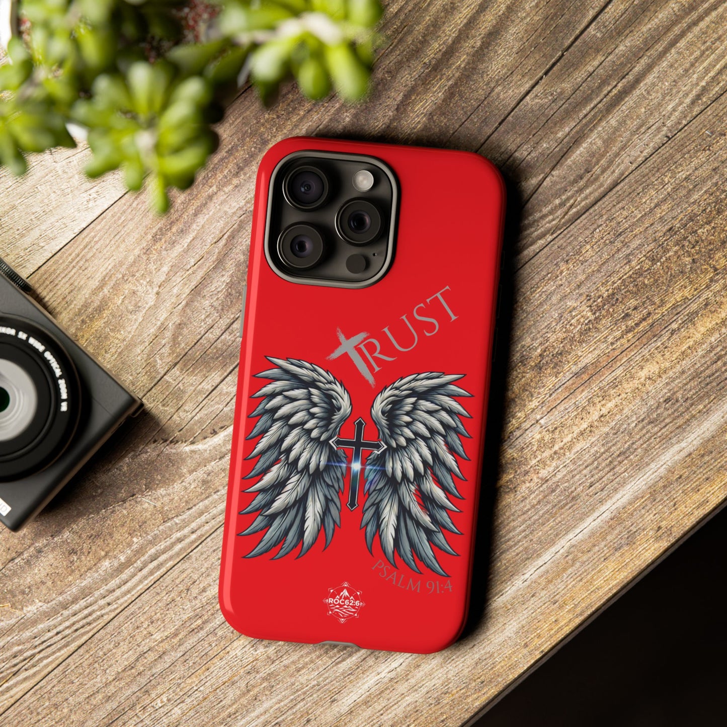 Wings Series Red Phone Case - Trust, Psalm 91:4 Design, Inspirational Gift, Christian Accessories, Spiritual Protection, Encouragement