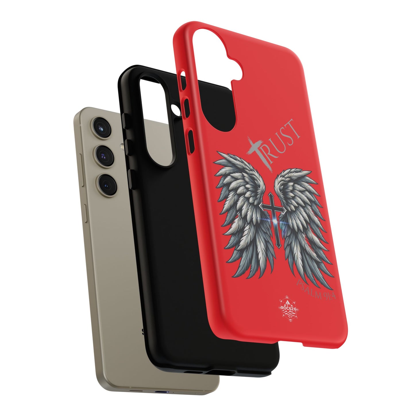Wings Series Red Phone Case - Trust, Psalm 91:4 Design, Inspirational Gift, Christian Accessories, Spiritual Protection, Encouragement