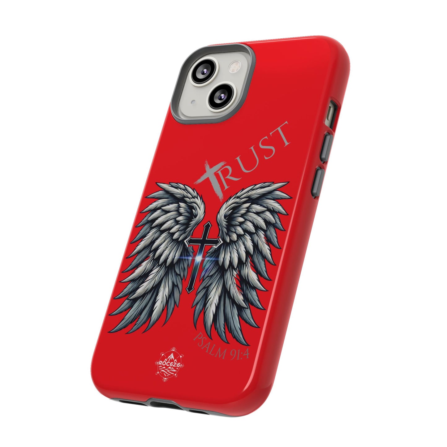 Wings Series Red Phone Case - Trust, Psalm 91:4 Design, Inspirational Gift, Christian Accessories, Spiritual Protection, Encouragement