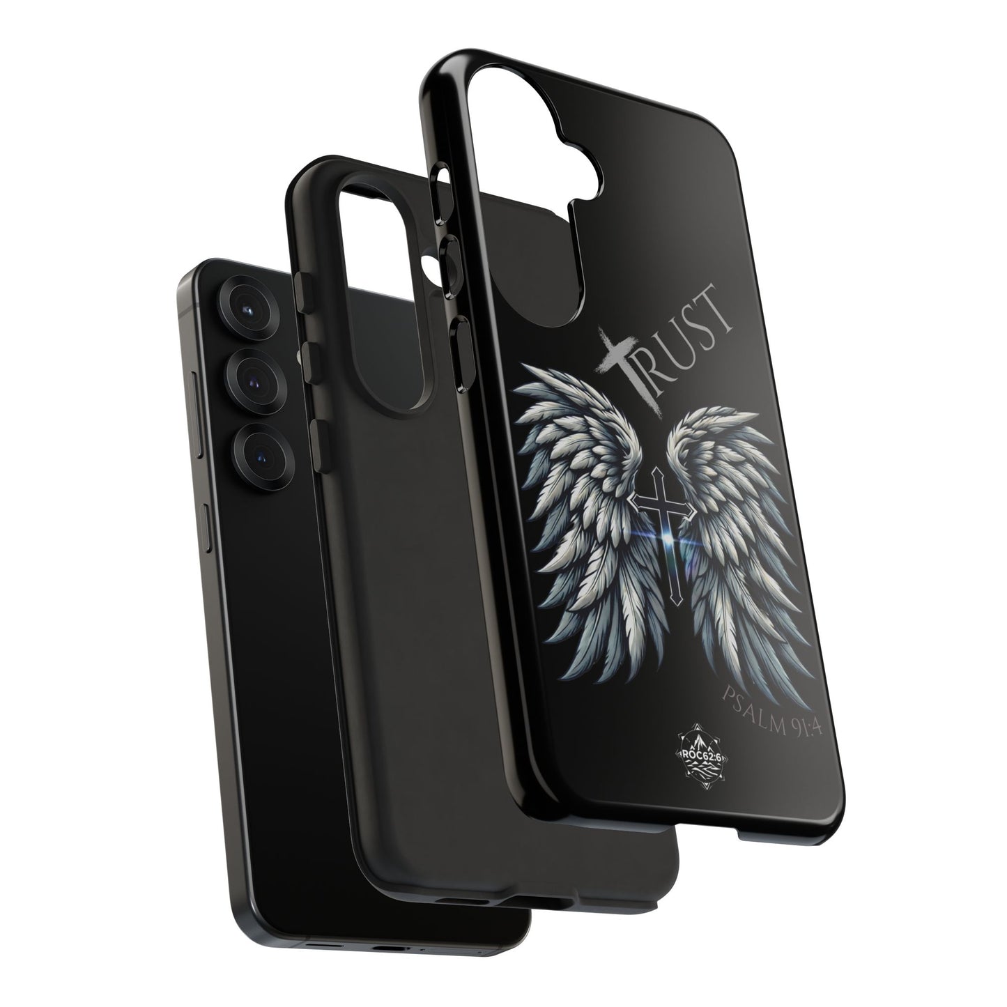 Wings Series Black Phone Case - Trust, Psalm 91:4 Design, Inspirational Gift, Christian Accessories, Spiritual Protection, Encouragement
