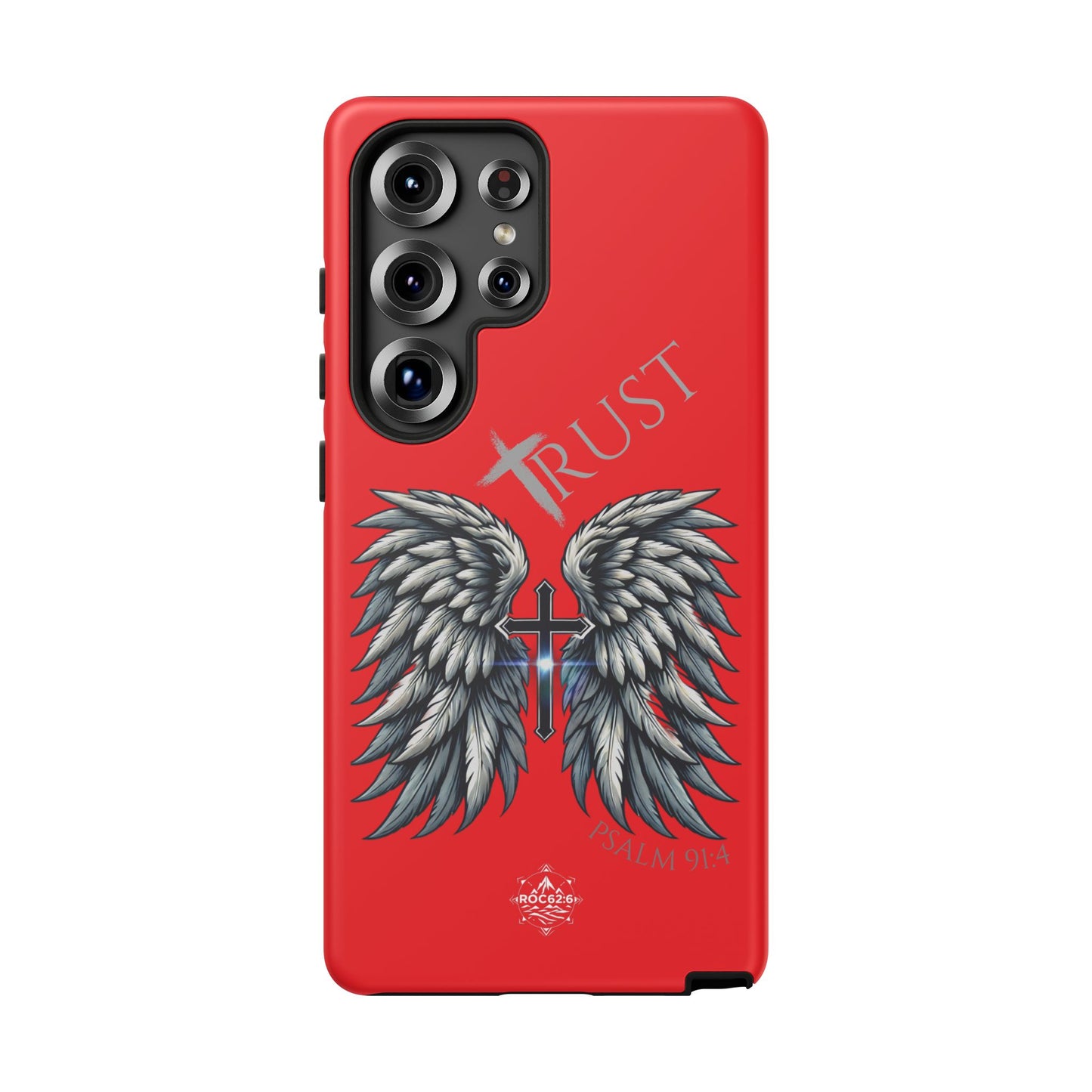 Wings Series Red Phone Case - Trust, Psalm 91:4 Design, Inspirational Gift, Christian Accessories, Spiritual Protection, Encouragement