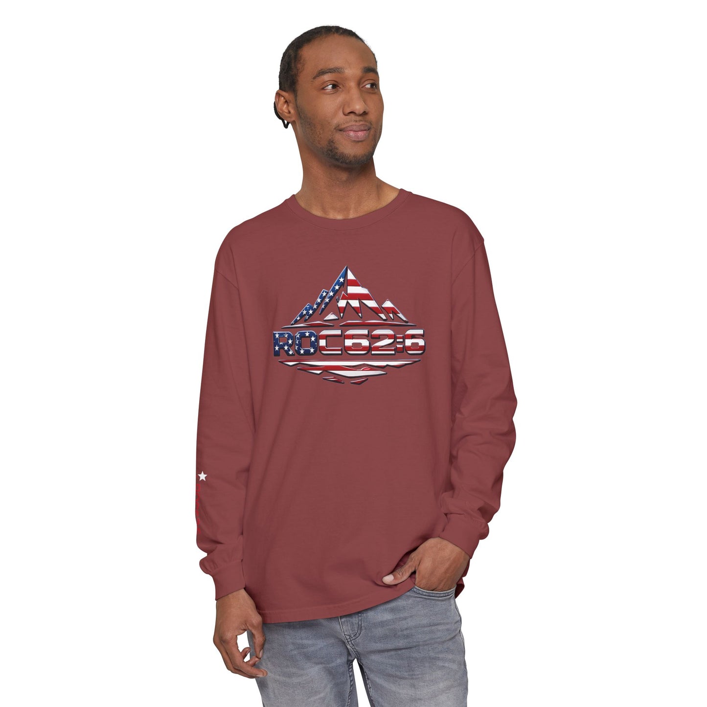 American Flag Mountain ROC626 Long Sleeve Shirt | Patriotic Outdoor Tee