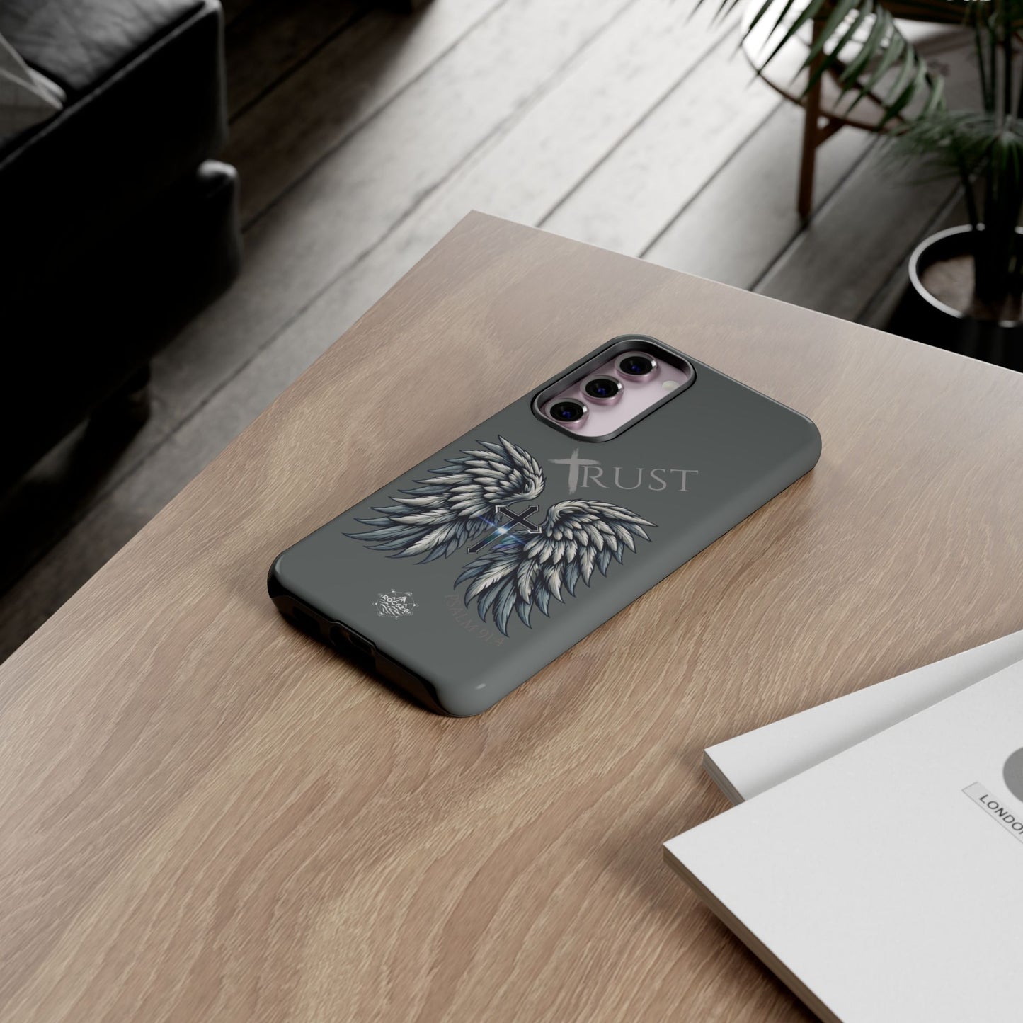 Wings Series Dark Grey Phone Case - Trust, Psalm 91:4 Design, Inspirational Gift, Christian Accessories, Spiritual Protection, Encouragement