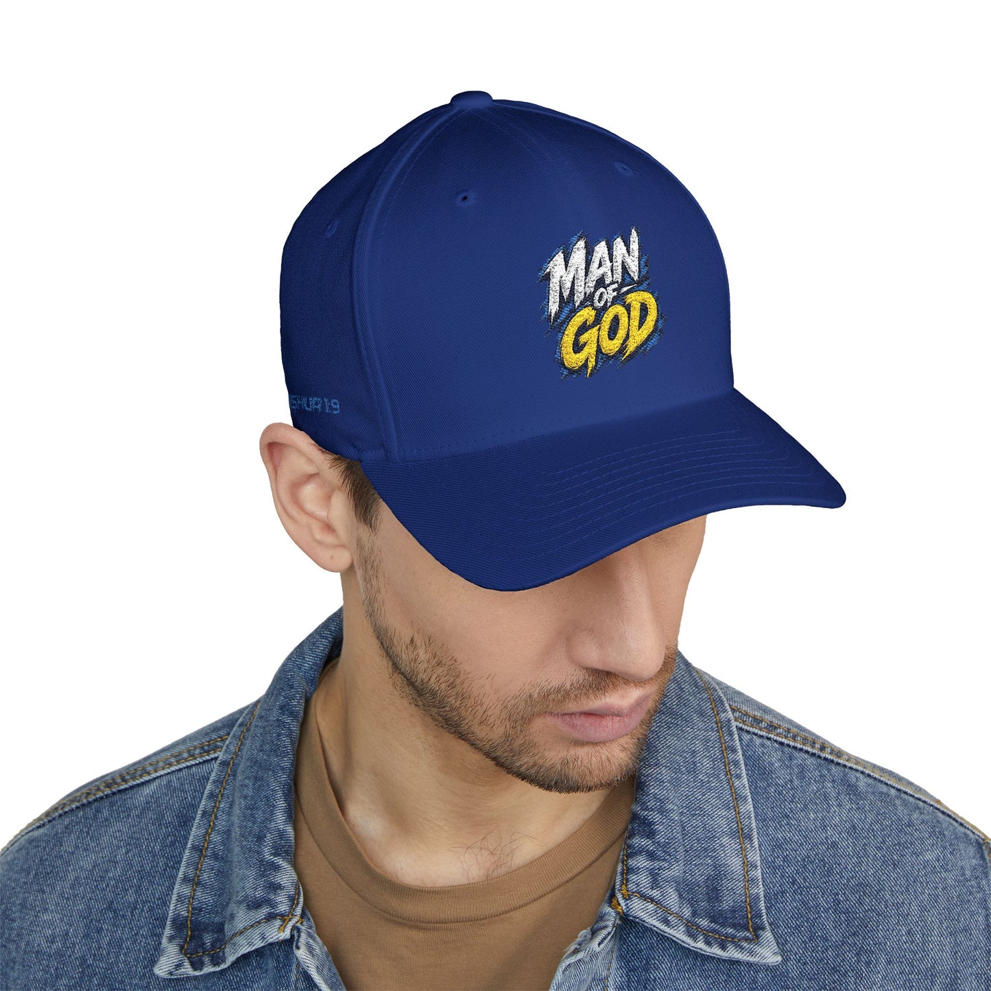 Man of God Embroidered FlexFit Baseball Cap — Faith Graphic Hat with American Flag Back Detail, Joshua 1:9