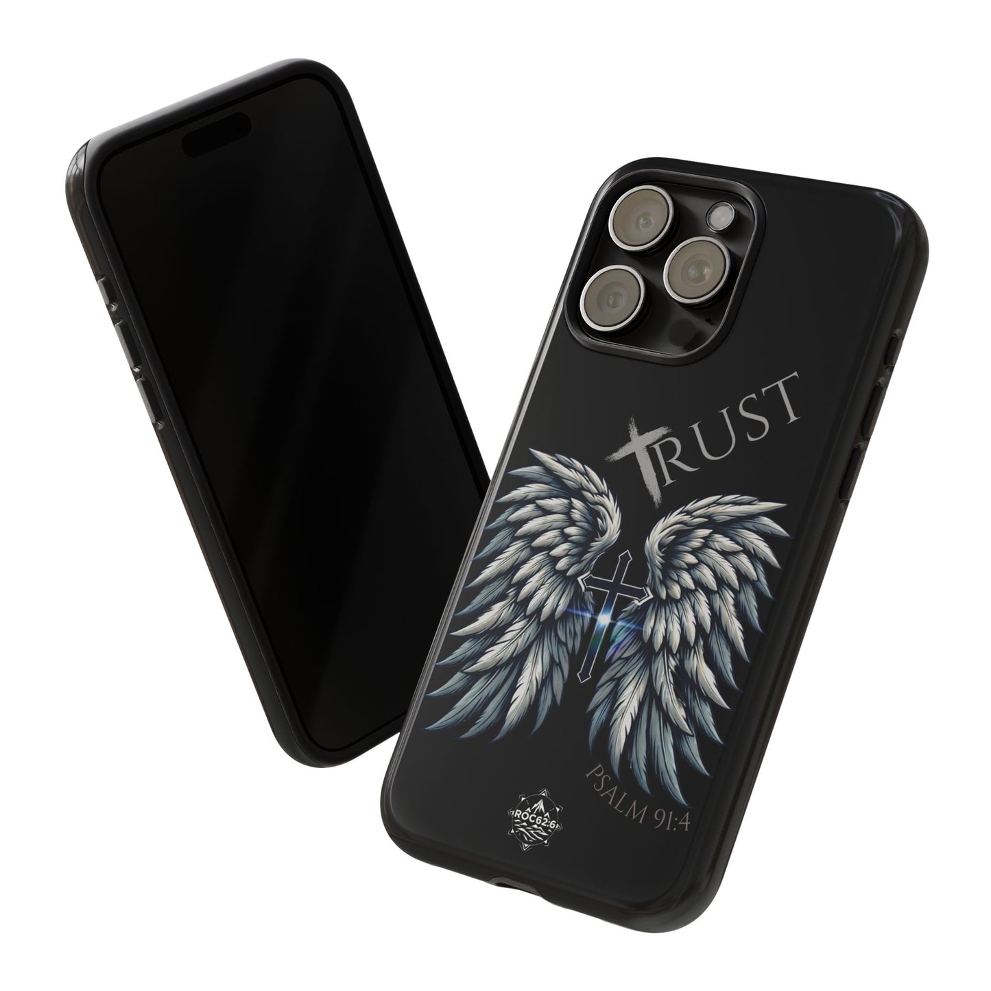 Wings Series Black Phone Case - Trust, Psalm 91:4 Design, Inspirational Gift, Christian Accessories, Spiritual Protection, Encouragement
