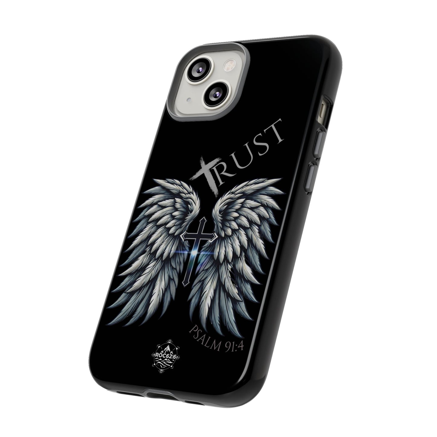 Wings Series Black Phone Case - Trust, Psalm 91:4 Design, Inspirational Gift, Christian Accessories, Spiritual Protection, Encouragement