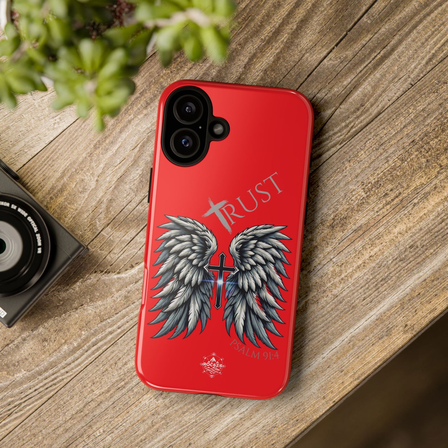 Wings Series Red Phone Case - Trust, Psalm 91:4 Design, Inspirational Gift, Christian Accessories, Spiritual Protection, Encouragement