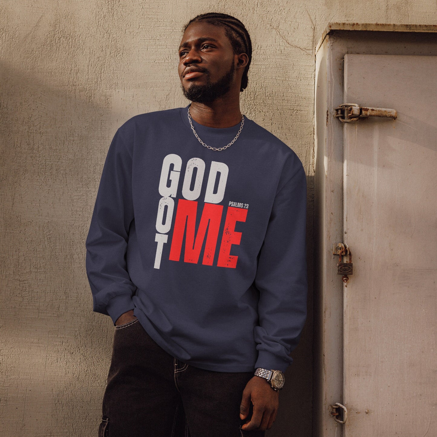GOD GOT ME Premium heavyweight long sleeve shirt, Psalm 23 Tee, God with Me Tee, Christian Apparel, Christian Attire, Jesus With Me Tee.