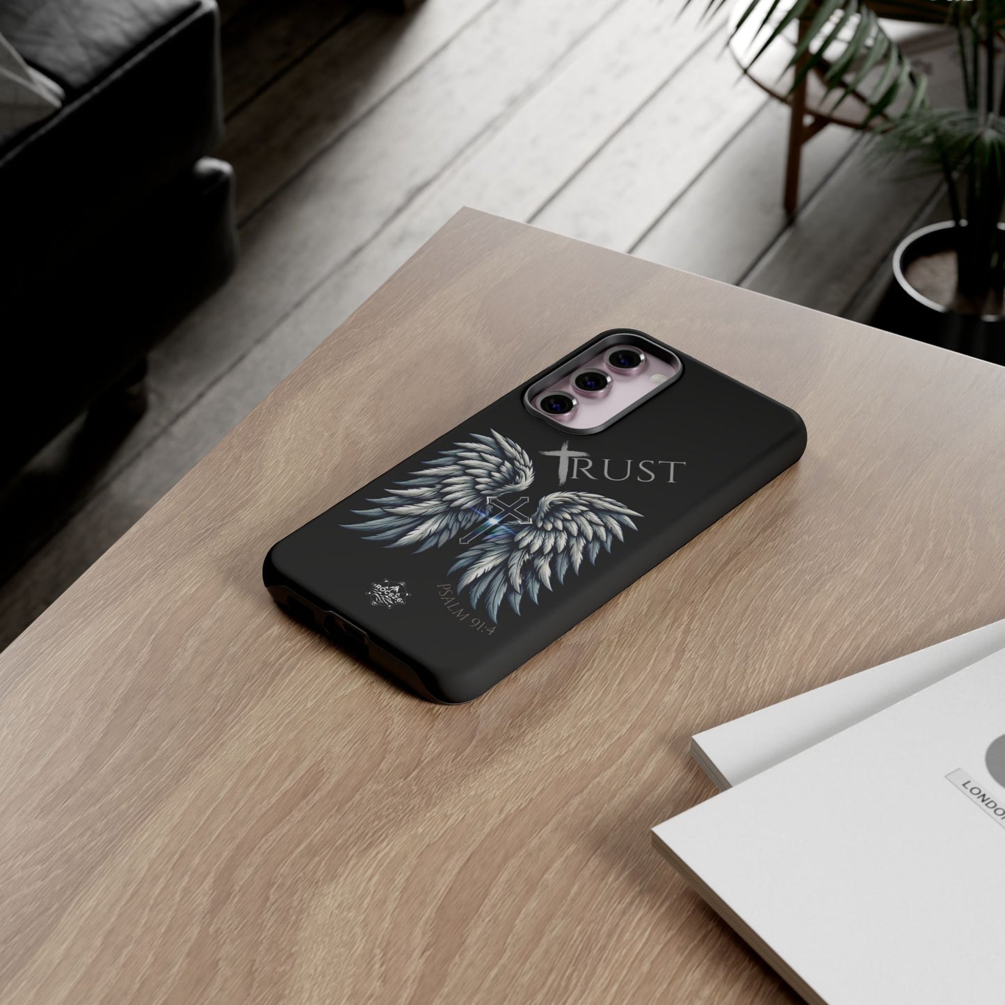 Wings Series Black Phone Case - Trust, Psalm 91:4 Design, Inspirational Gift, Christian Accessories, Spiritual Protection, Encouragement