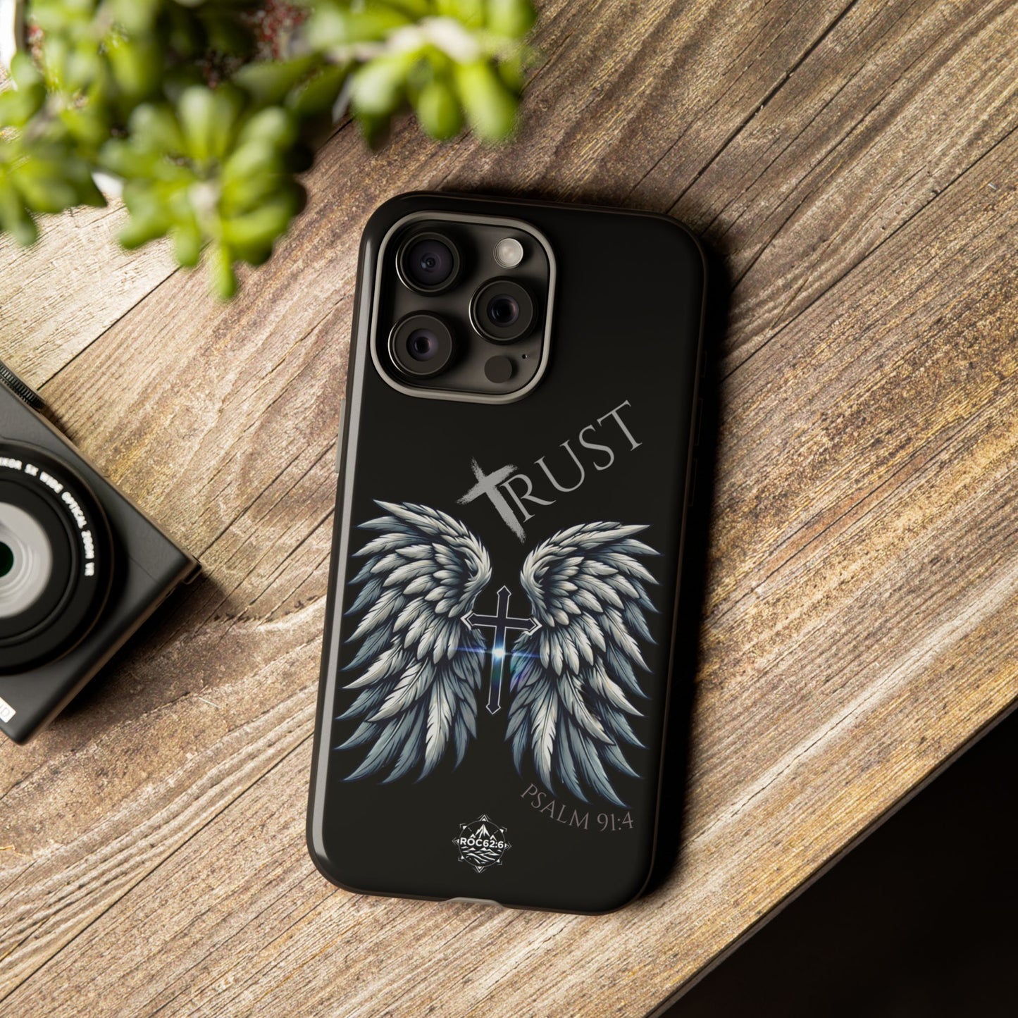 Wings Series Black Phone Case - Trust, Psalm 91:4 Design, Inspirational Gift, Christian Accessories, Spiritual Protection, Encouragement