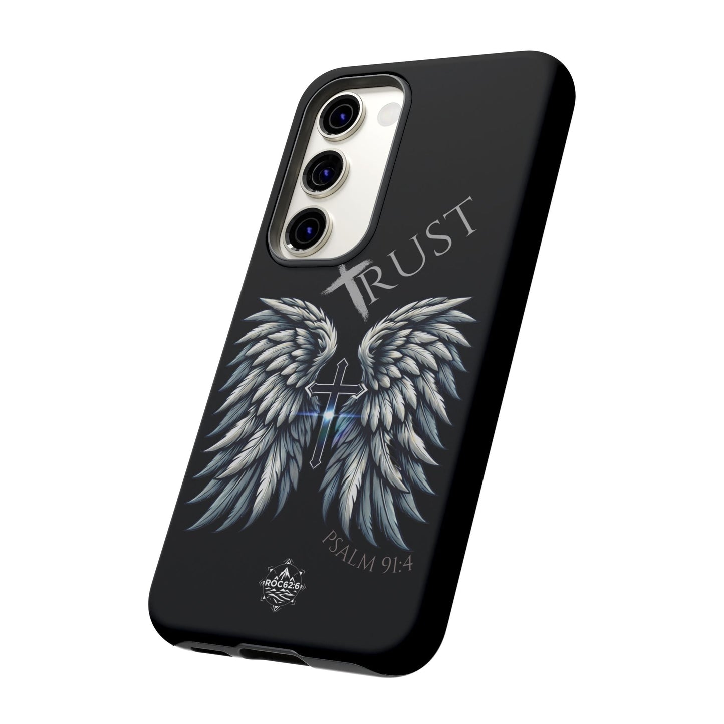 Wings Series Black Phone Case - Trust, Psalm 91:4 Design, Inspirational Gift, Christian Accessories, Spiritual Protection, Encouragement