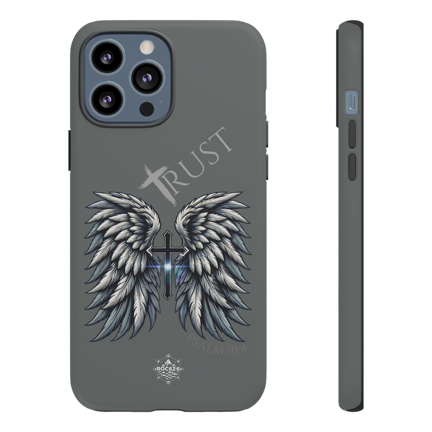 Wings Series Dark Grey Phone Case - Trust, Psalm 91:4 Design, Inspirational Gift, Christian Accessories, Spiritual Protection, Encouragement