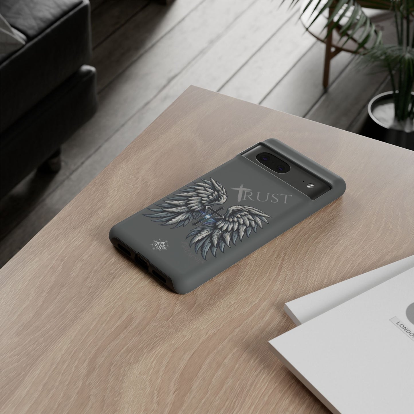 Wings Series Dark Grey Phone Case - Trust, Psalm 91:4 Design, Inspirational Gift, Christian Accessories, Spiritual Protection, Encouragement