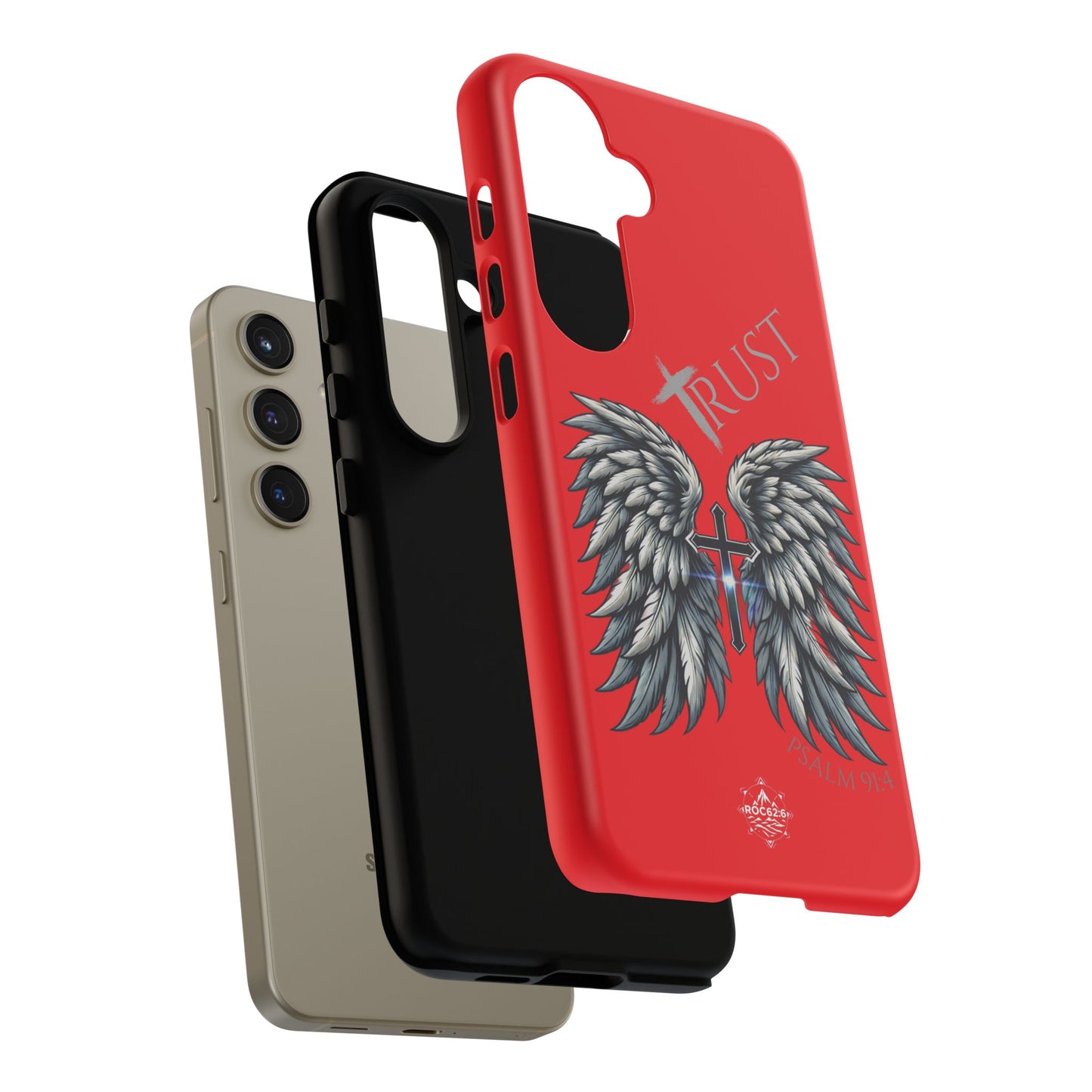 Wings Series Red Phone Case - Trust, Psalm 91:4 Design, Inspirational Gift, Christian Accessories, Spiritual Protection, Encouragement