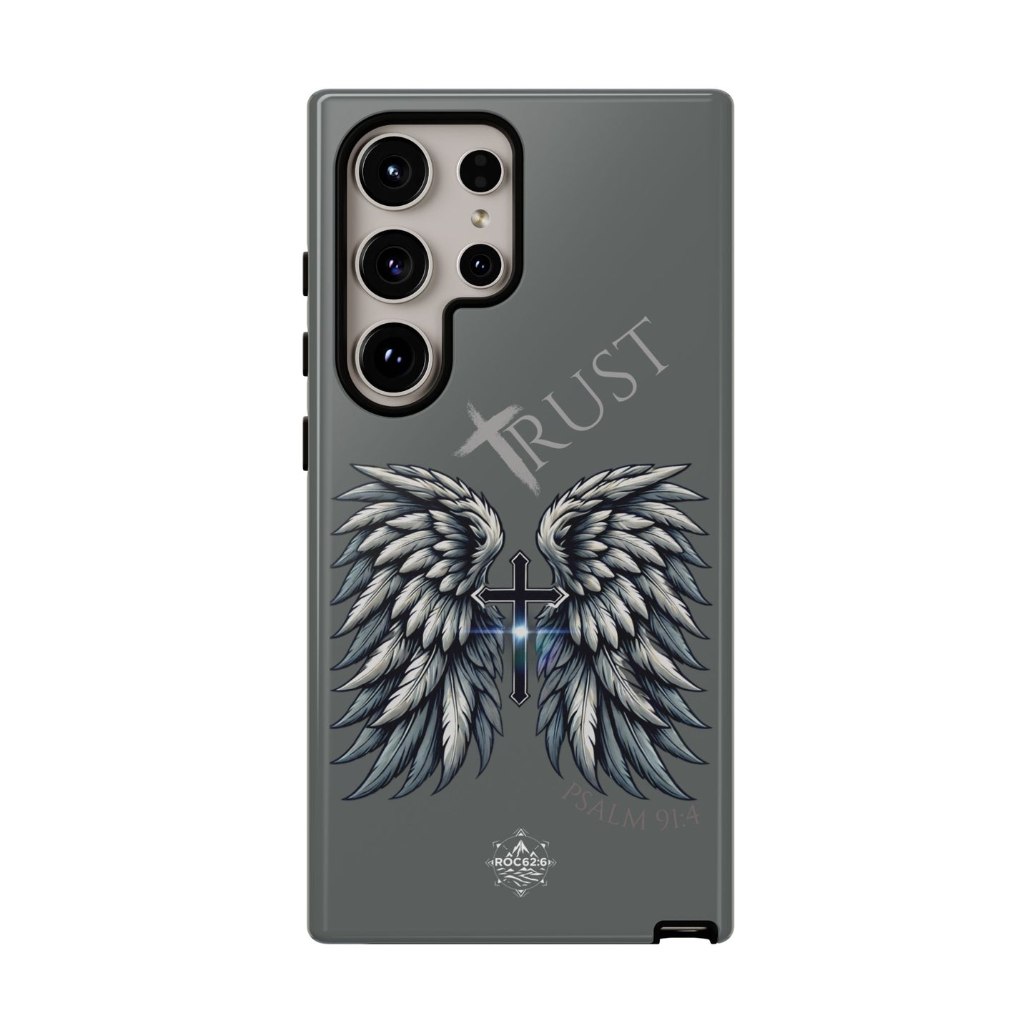 Wings Series Dark Grey Phone Case - Trust, Psalm 91:4 Design, Inspirational Gift, Christian Accessories, Spiritual Protection, Encouragement